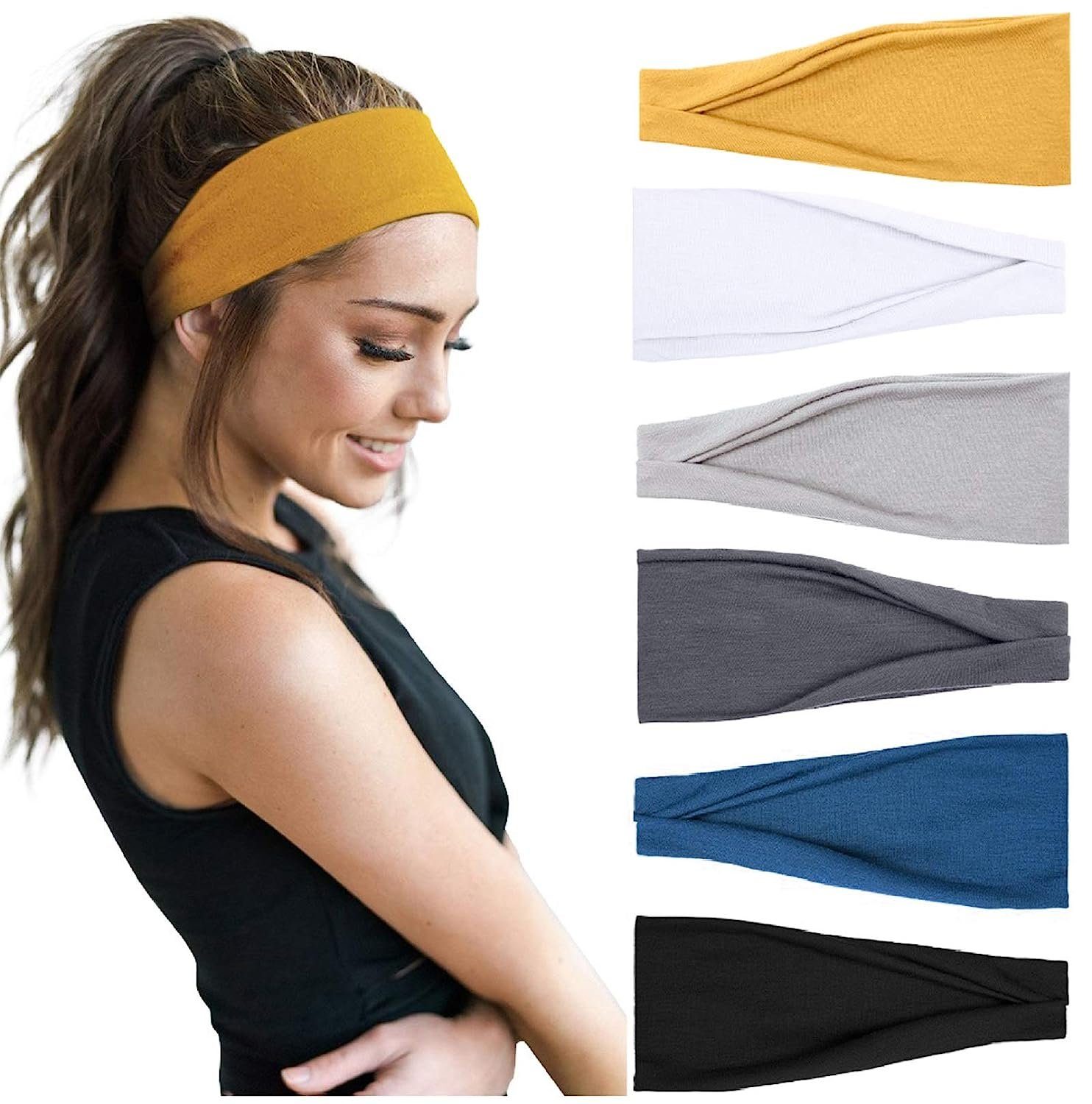 WaKuKa Haarband 6 Stück Damen elastische breite Stirnbänder Sport Yoga Stirnbänder, 6-tlg.