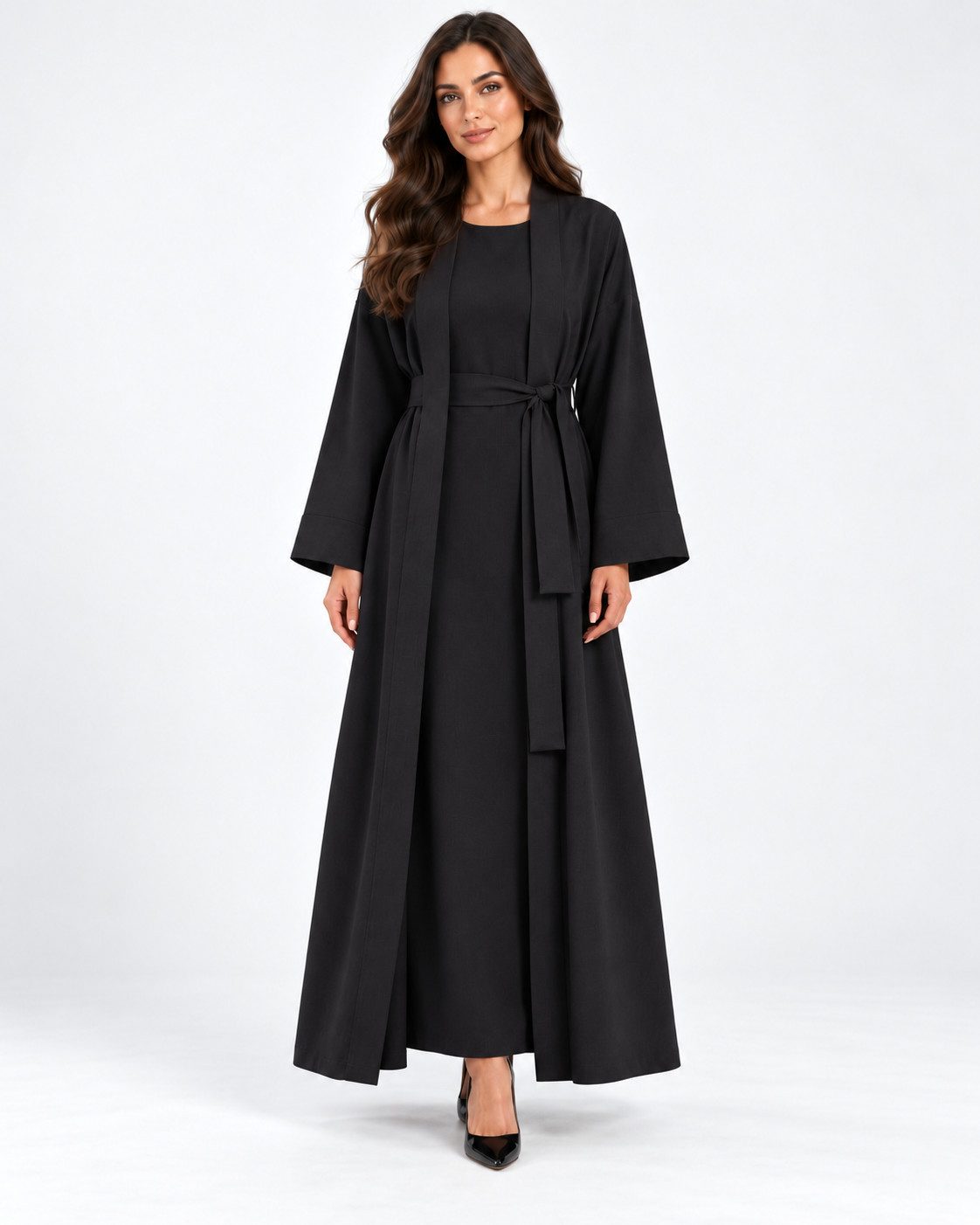 fashionshowcase 2-in-1-Kleid Damen Maxikleid mit Kimono und Bindegürtel Modest Fashion (Kleid mit Kimono, 2-tlg., 2-teiliges Set) Elegantes 2-teiliges Outfit mit fließendem Schnitt und weitem Ärmel