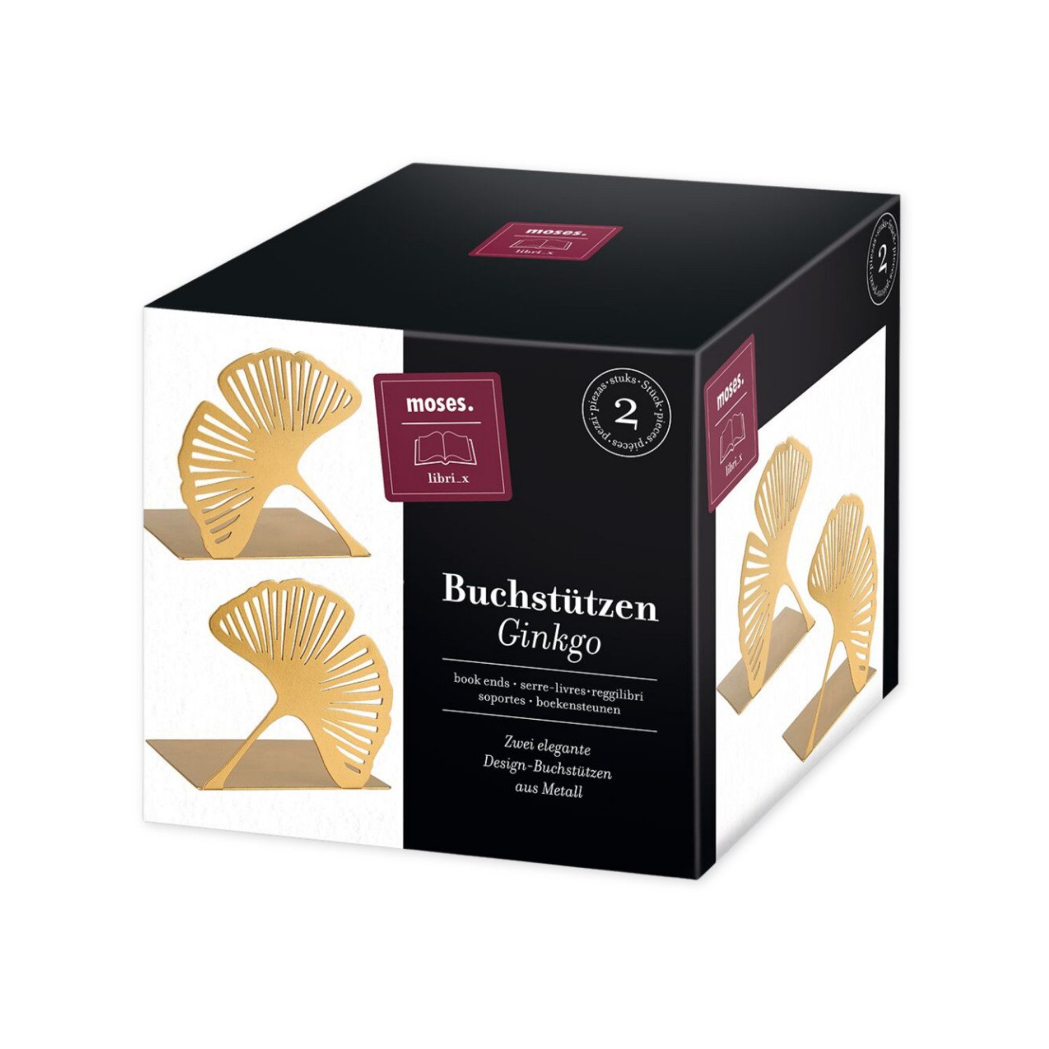 Moses. Verlag Buchstütze Ginkgo Metall goldfarben 2er Set für Bücherregale – Bild 2 von 5