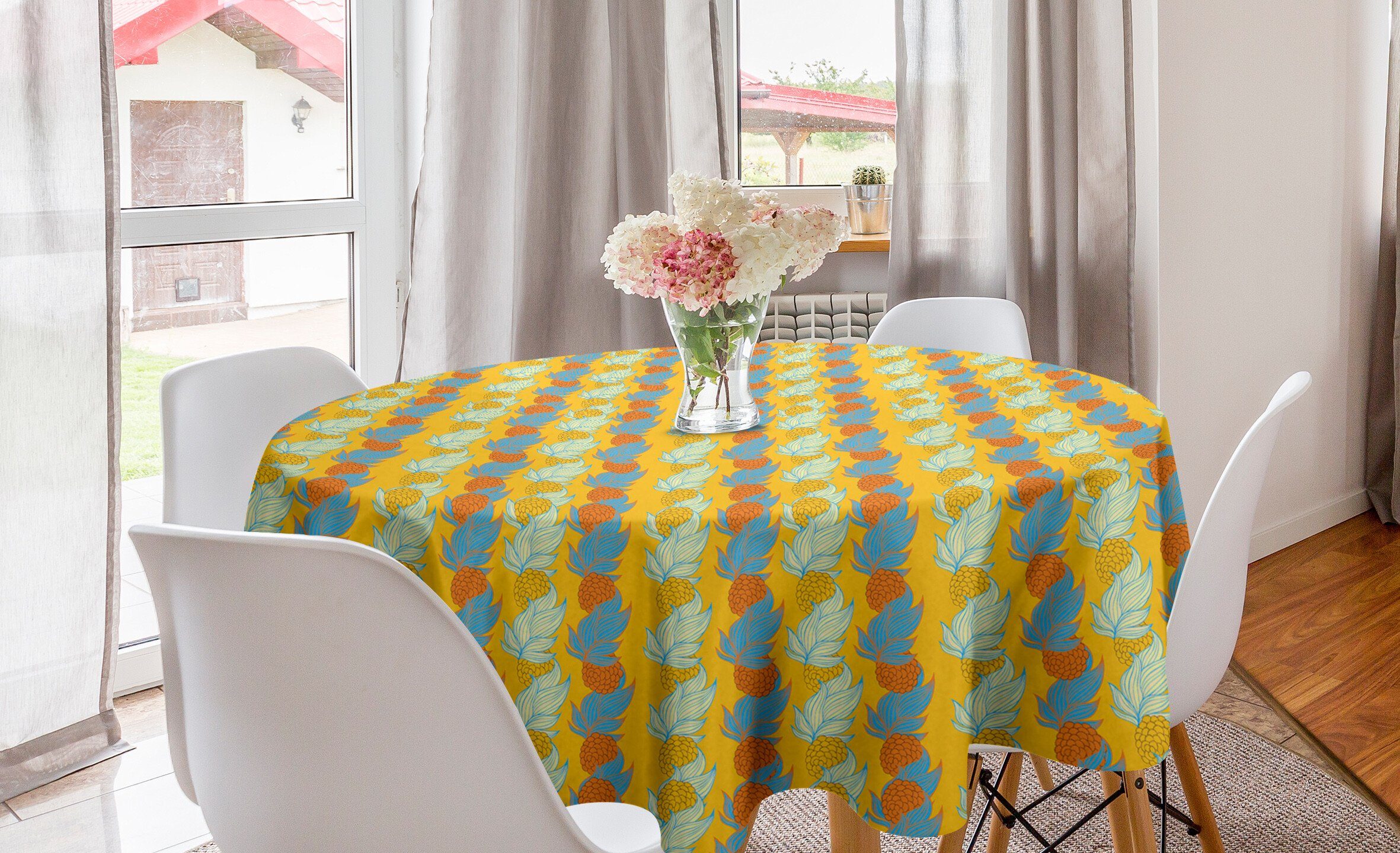 Abakuhaus Dekoration, Küche Exotische Esszimmer Blumen-Muster Kreis Tischdecke Tischdecke Botanisch Abdeckung für