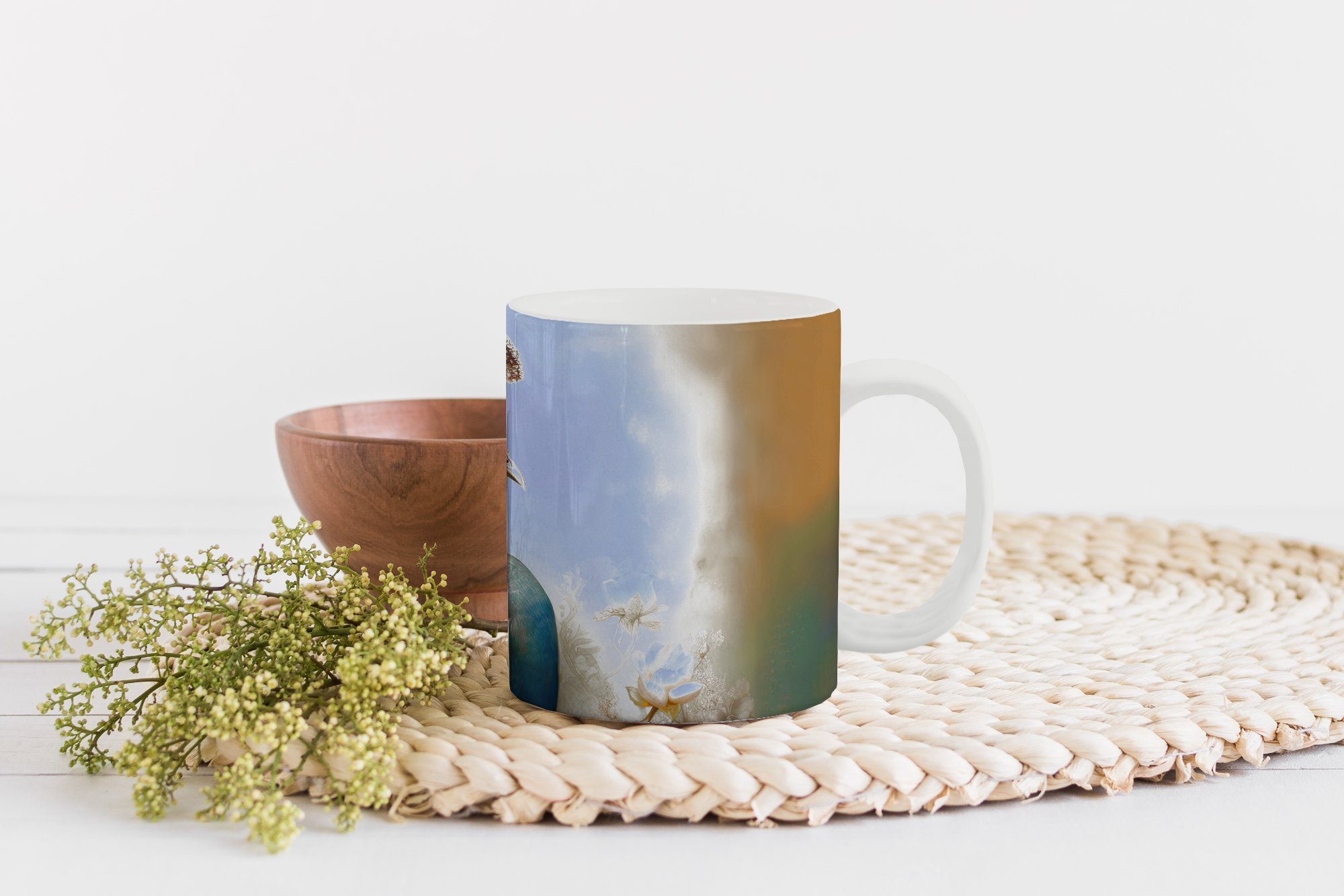 MuchoWow Tasse Pfau - - Teetasse, Kaffeetassen, Pfauenfedern Keramik, - Becher, Botanisch, Geschenk Teetasse, Blumen