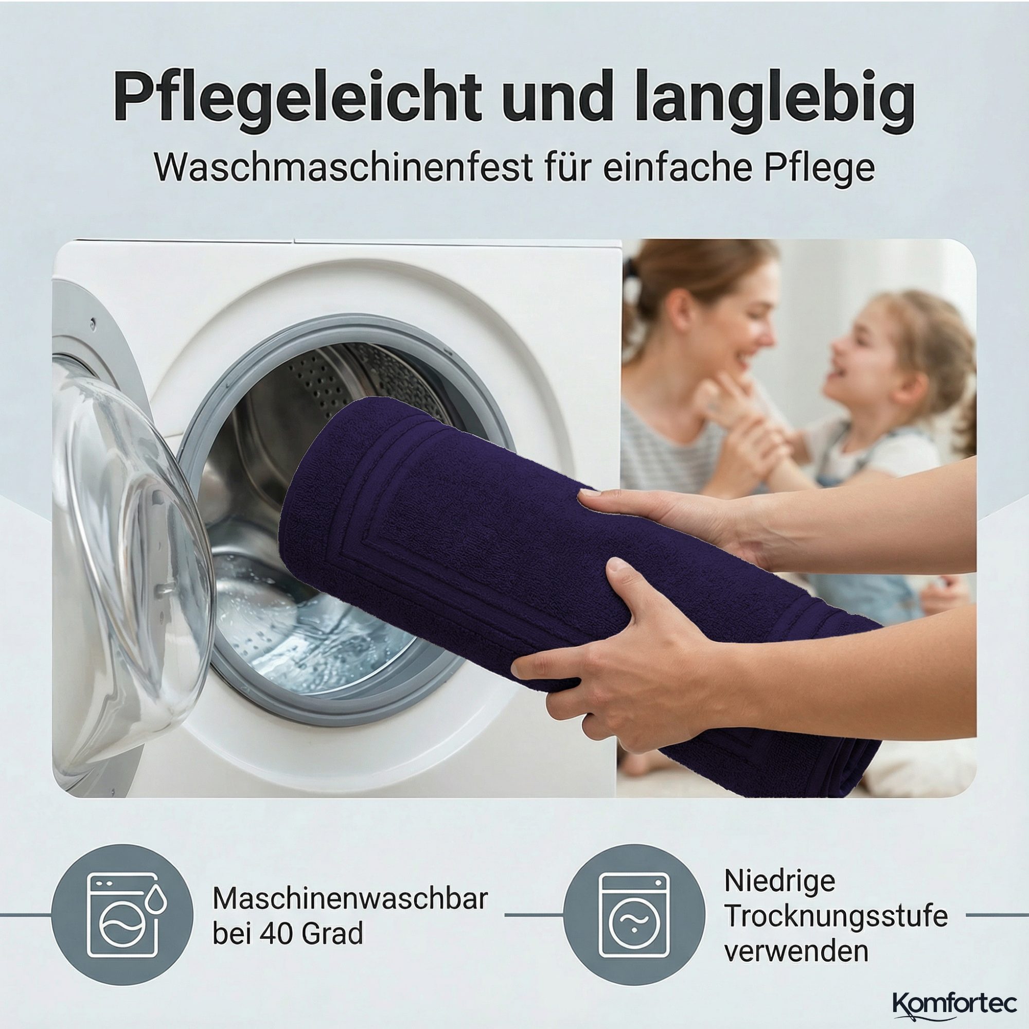 Komfortec Badematte Badvorleger aus 100% Baumwolle, 50x70 cm Duschvorleger, Waschbar Duschmatte, Frottee, Rechteckig, 600 g/m², 2er Set, Saugfähig & Schnelltroc – Bild 4 von 5