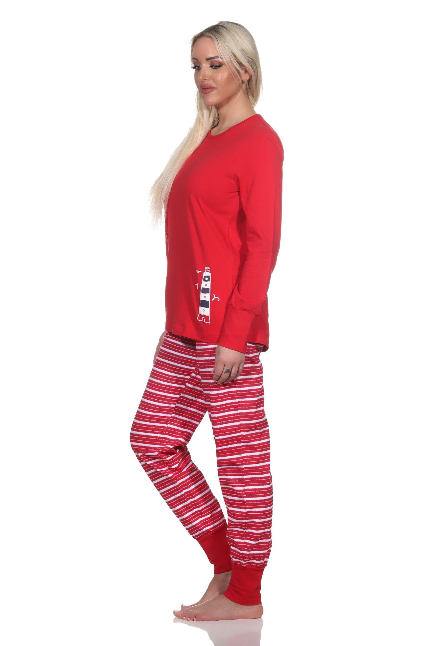 Schlafanzug und Bündchen Damen Normann Motiv Maritimer Pyjama Leuchtturm rot mit als