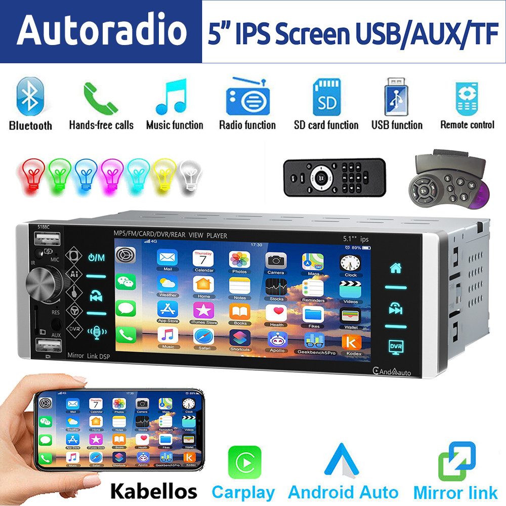 ESSGOO 5,1" Kabellos Wireless Carplay Android Auto FM Bluetooth AUX USB 1 DIN Autoradio (FM, Mit 5" IPS Touchscreen Freisprecheinrichtung Lenkradsteuerung)