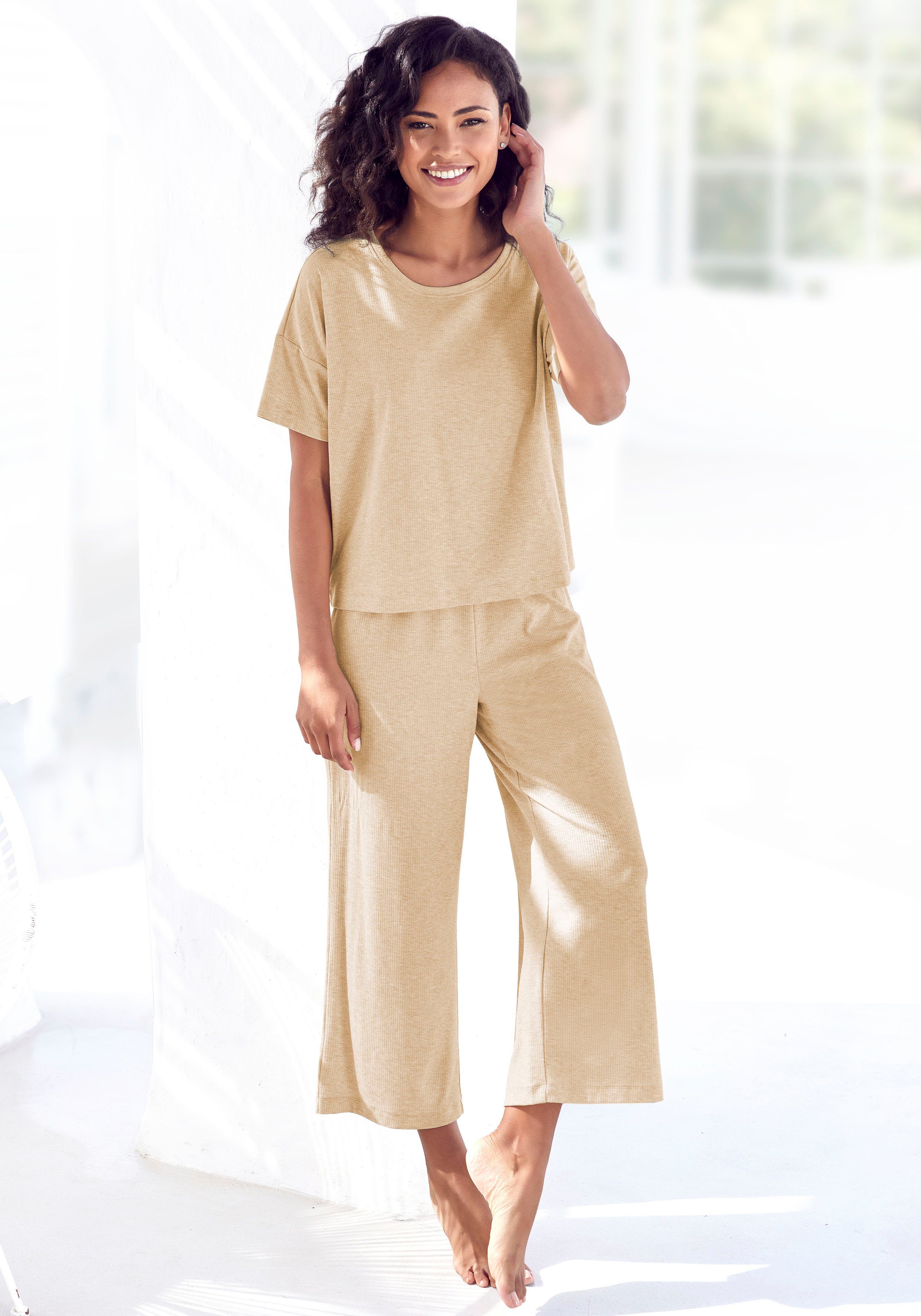 Vivance Dreams Pyjama (2 tlg., 1 Stück) in weicher Ripp-Qualität sand | Pyjama-Sets