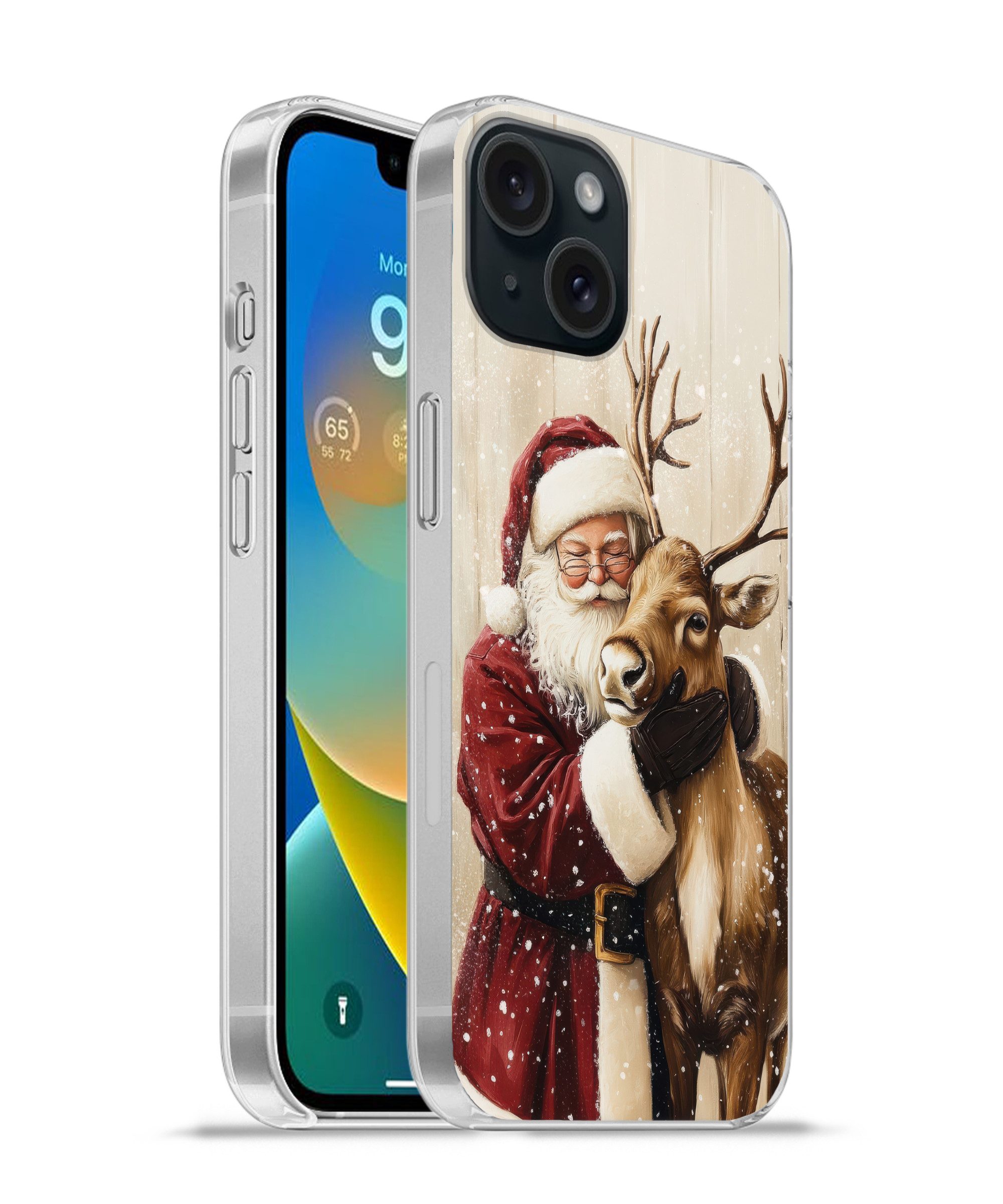 MuchoWow Handyhülle für Apple iPhone 15 Weihnachtsmann - Rentier - Schnee - Bunt, Smartphone-Bumper, Print, Handy Schutzhülle Dünn