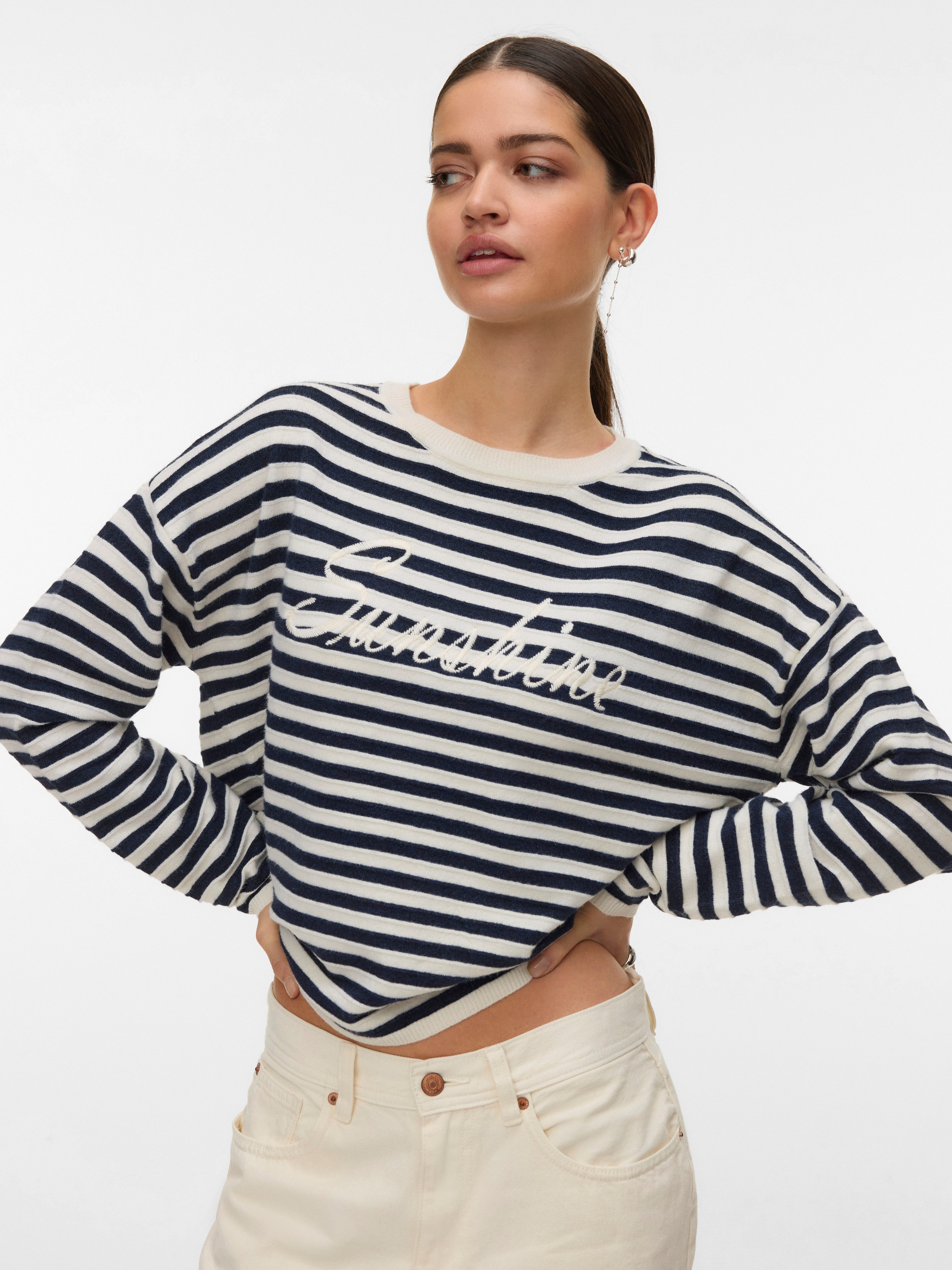 Vero Moda Strickpullover VMAPPLE LS O-NECK PULLOVER BOO mit trendigem "Sunshine" Schriftzug