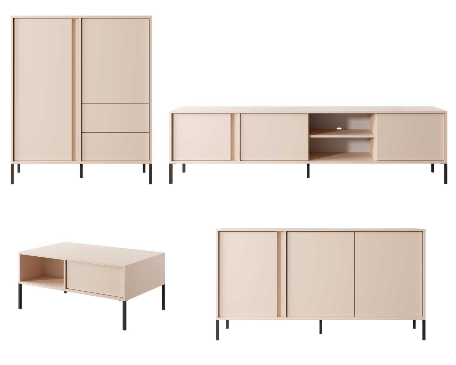 Feldmann-Wohnen Wohnwand Dast, (Vollauszugschubladen, Drehtüren, Einlegeböden, 4-St., moderne matte Optik, Grifflos, Push-to-Open), Highboard, Lowboard (3D), Kommode (3D), Couchtisch - Ohne Beleuchtung
