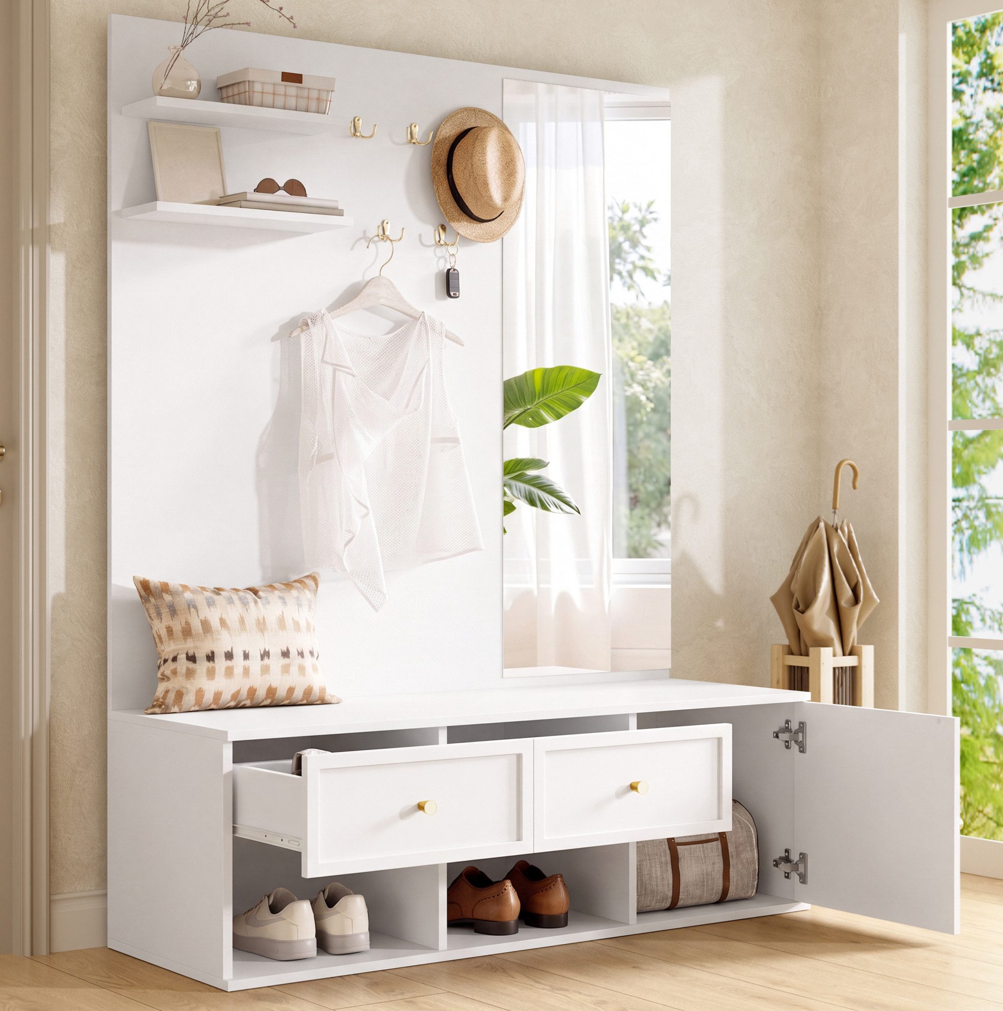 REDOM Garderobenschrank Garderobenständer, Garderobenmöbel mit Spiegel, Sitzbank (5 Haken und Stauraum, inklusive Schubladen und Regal, Garderoben-Set, Garderobe für den Eingangsbereich, 120×35×159 cm)