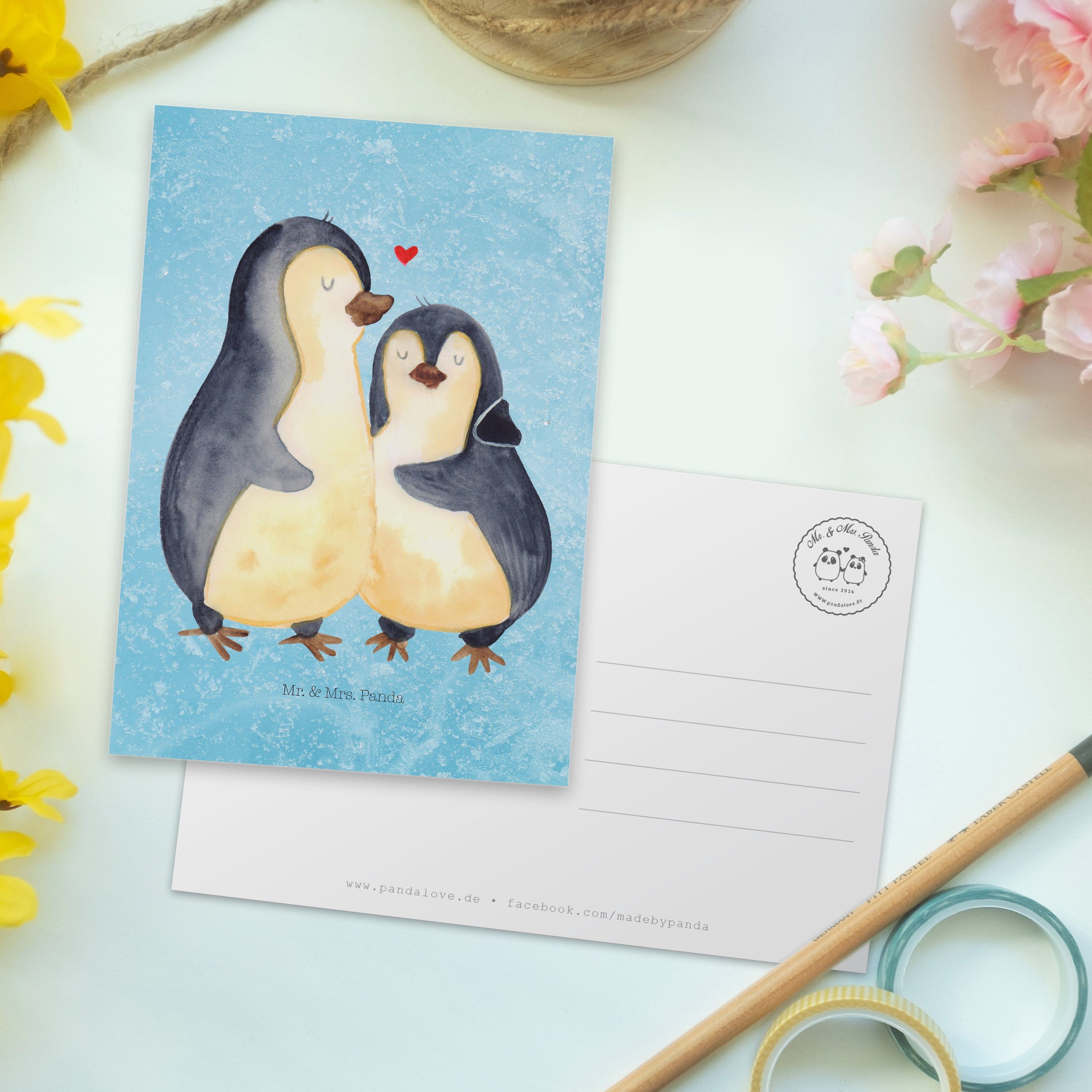 - Geschenk, Postkarte Grußka Karte, Mr. Mrs. Pinguin Einladungskarte, umarmend Eisblau Panda - &