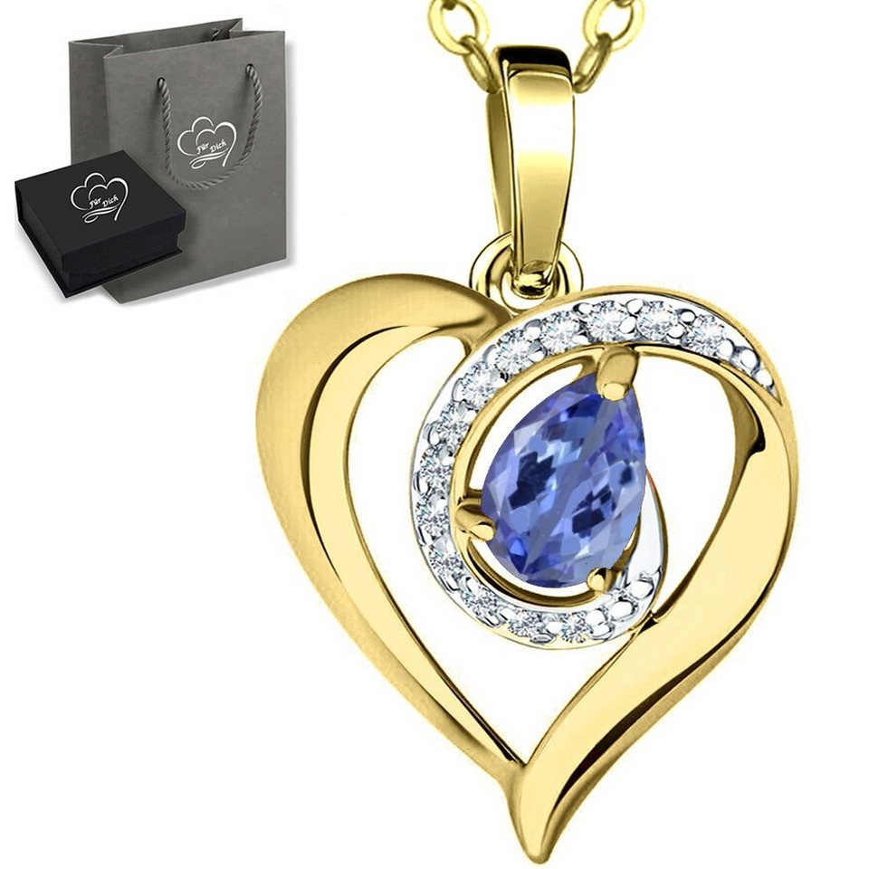 Limana Herzkette Edelstein Tansanit blau 925 Silber Gold Damen Kette mit  Herz-Anhänger (inkl. Herz Geschenkdose und Tasche), 45-50cm Damengeschenk  Liebe Geschenk Idee Goldkette Edelsteinschmuck