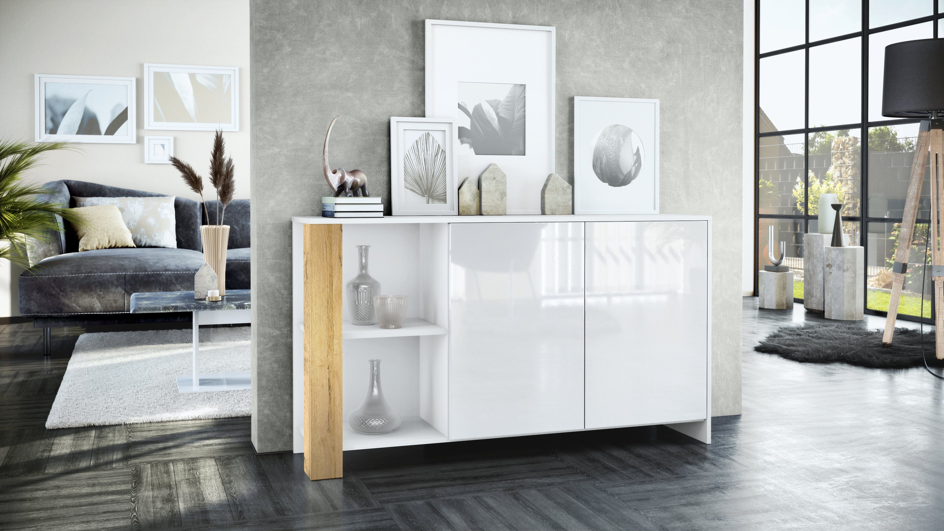 Vladon Sideboard Canto (Sideboard, mit 2 Türen und 6 Fächern), Weiß matt, Weiß Hochglanz, Eiche Natur