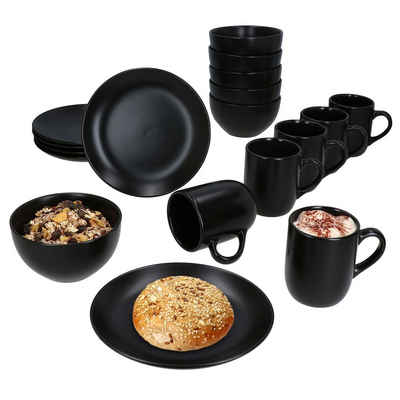 MamboCat Frühstücks-Geschirrset 18tlg Frühstücksset Panther Steingut schwarz 6 Personen, Porzellan