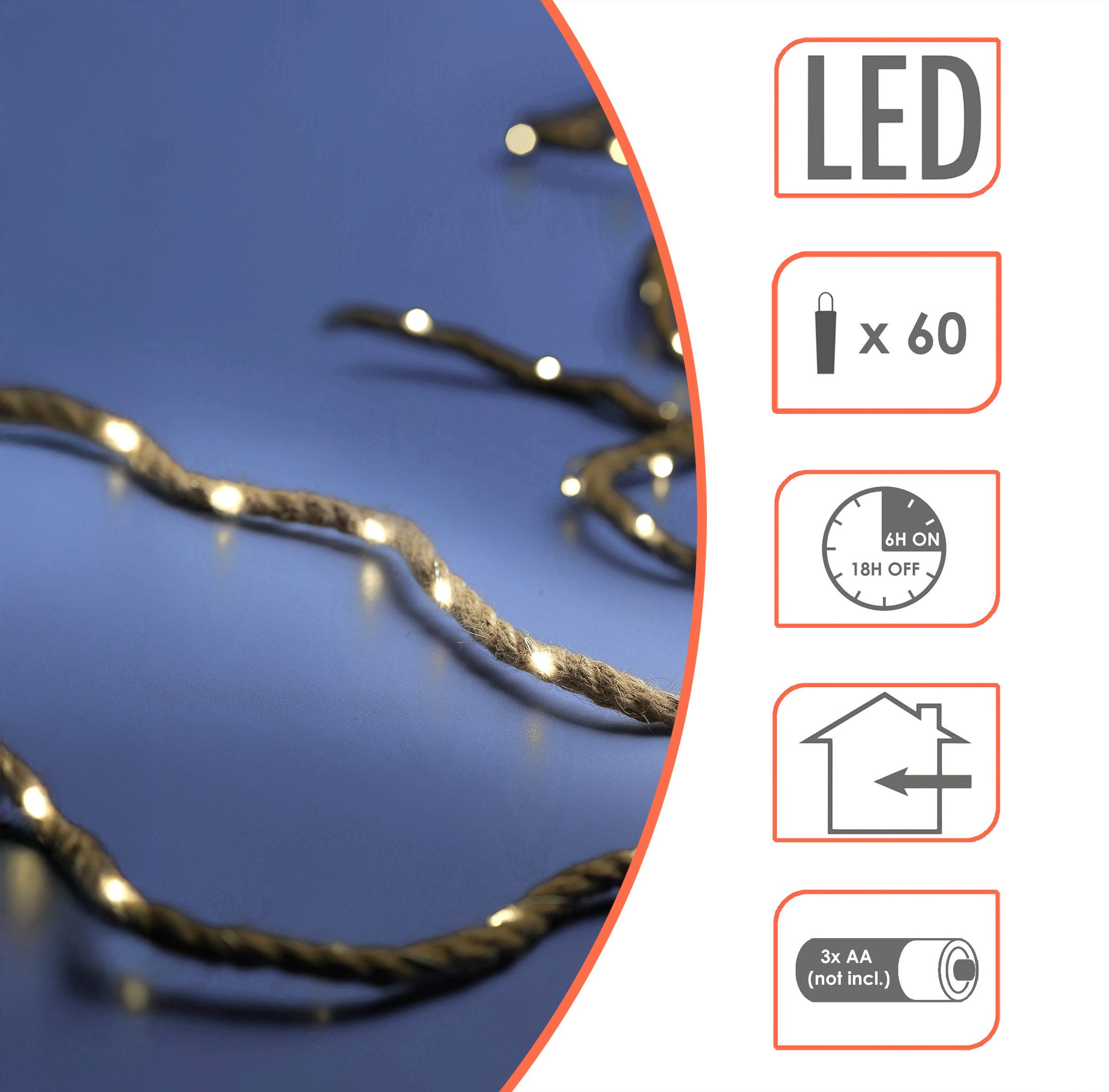 Spetebo LED-Lichterkette Tau mit Draht Lichterkette warm weiß mit Timer 400 cm, 60-flammig, Batterie betrieben