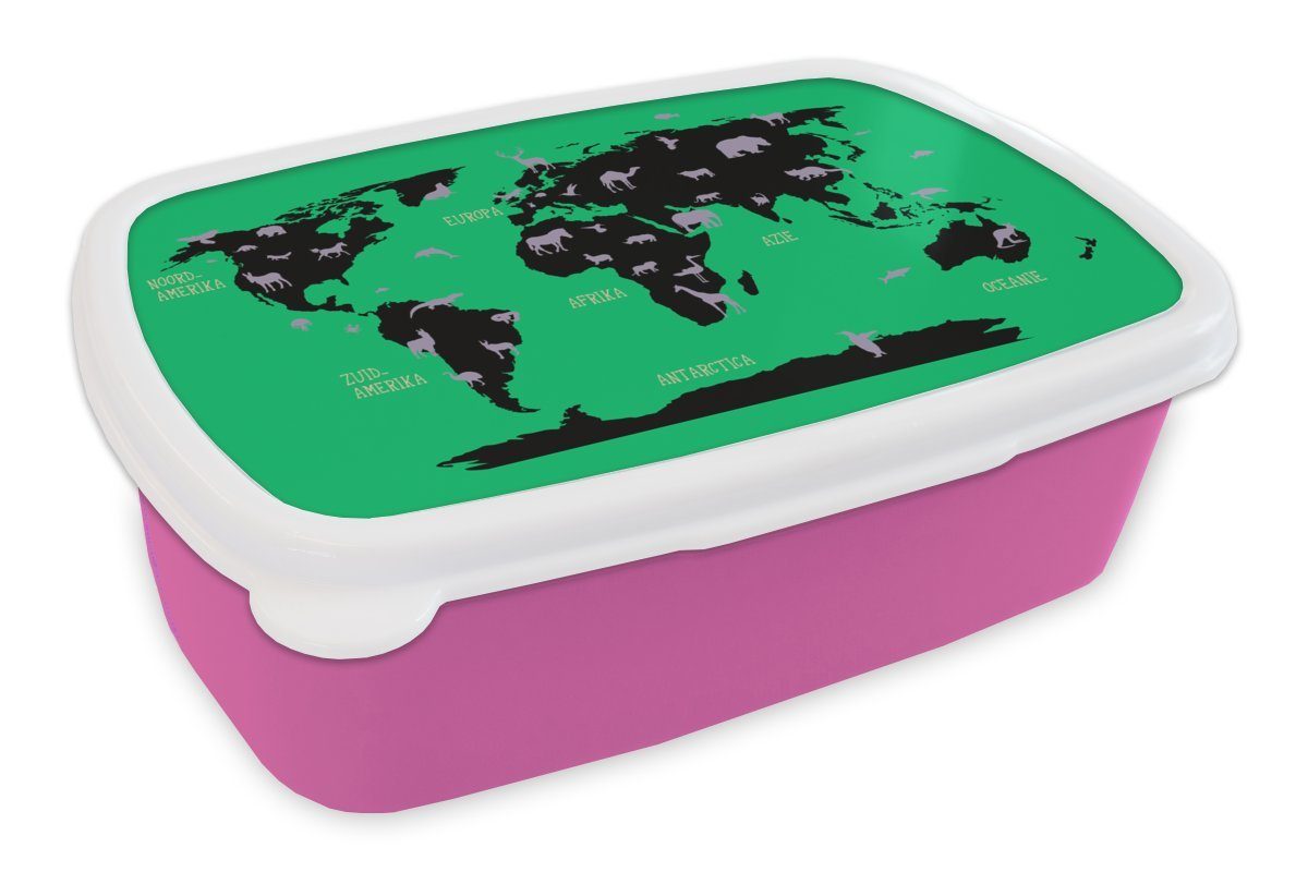 MuchoWow Lunchbox Weltkarte Kinder - Tiere - Rosa, Kunststoff, (2-tlg), Brotbox für Erwachsene, Brotdose Kinder, Snackbox, Mädchen, Kunststoff