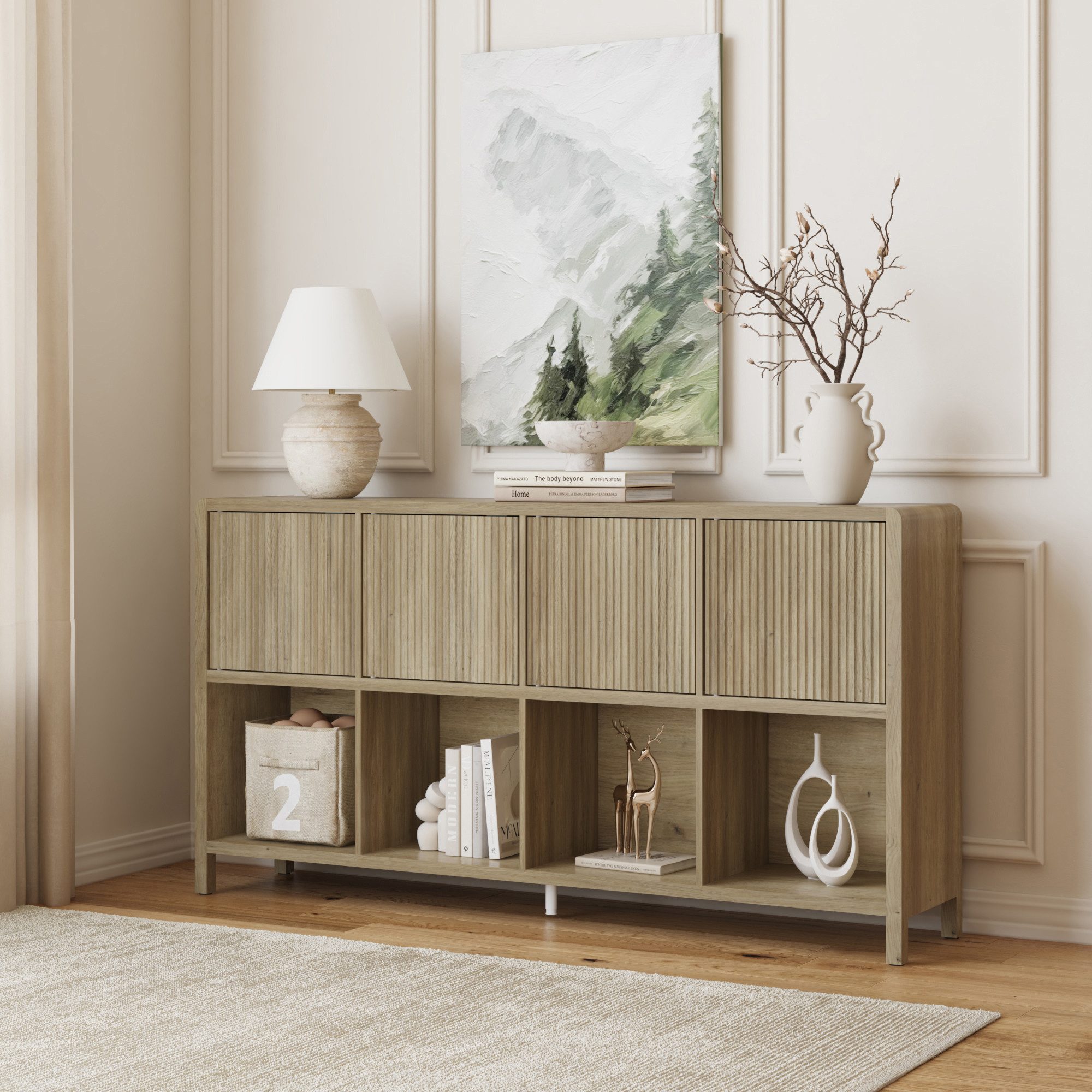en.casa Sideboard, »Lukkodso« mit 4 Türen, 8 Fächern 77x145x30 cm Eicheoptik, mittelhell