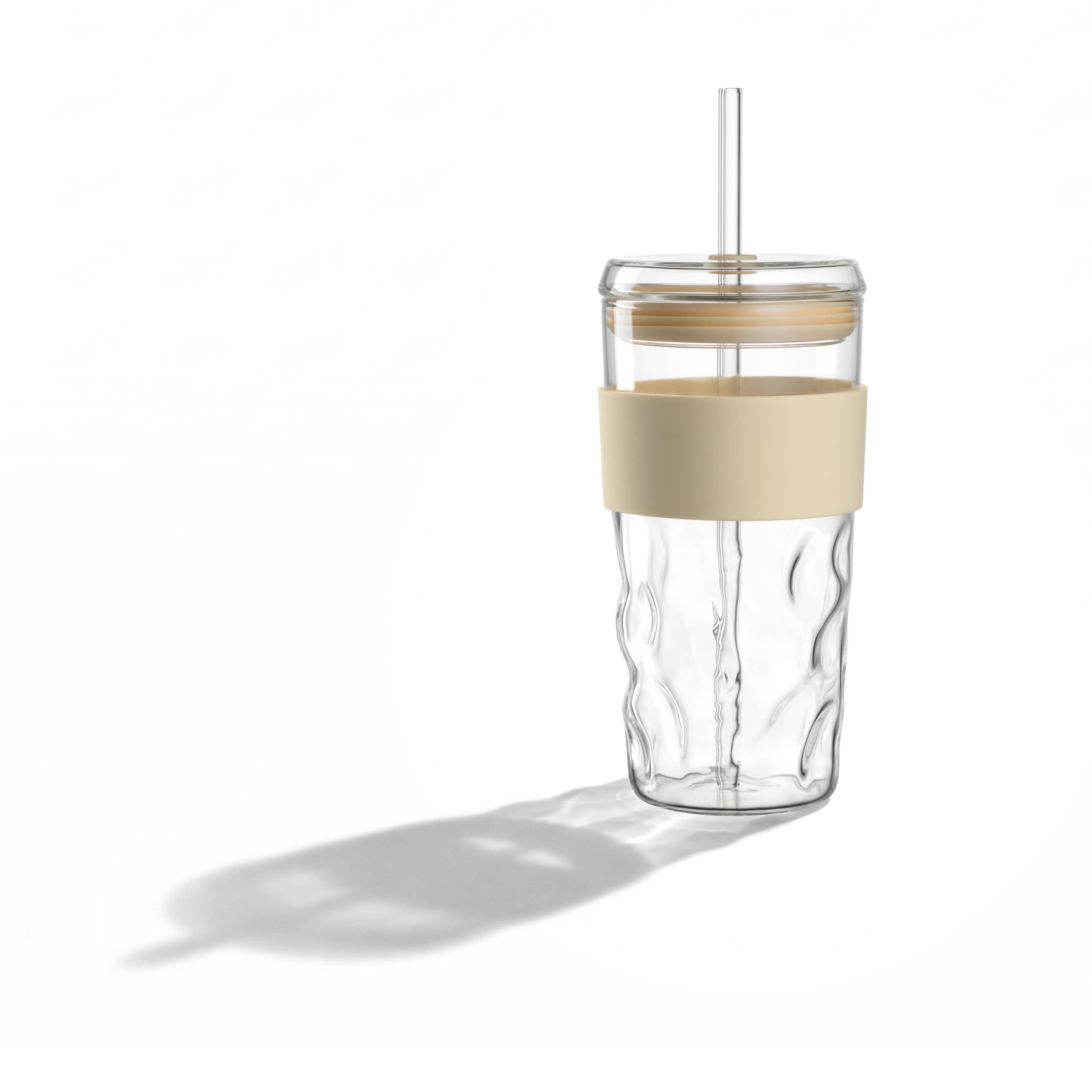 LEONARDO Coffee-to-go-Becher LEONARDO X MICHI VON WANT, Glas, Silikon, 500 ml, ToGo-Glas, Mulden-Griff, inkl. Trinkhalm, vanilla Silikonband