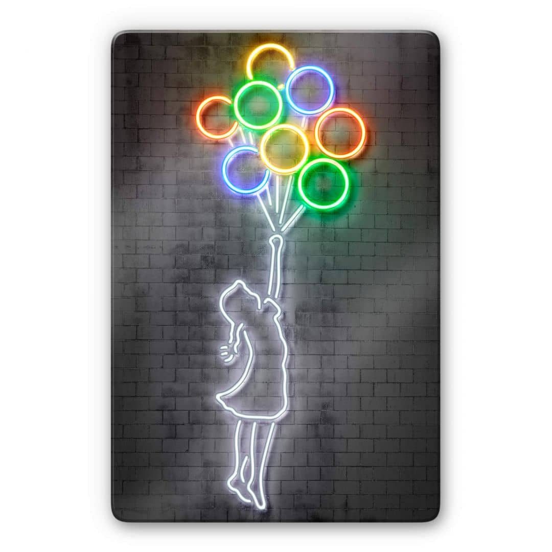 K&L Wall Art Glasbild Neon Glasbild Bunt Luftballon Illustration by Mielu, Pop Art Glasposter Wohnzimmer
