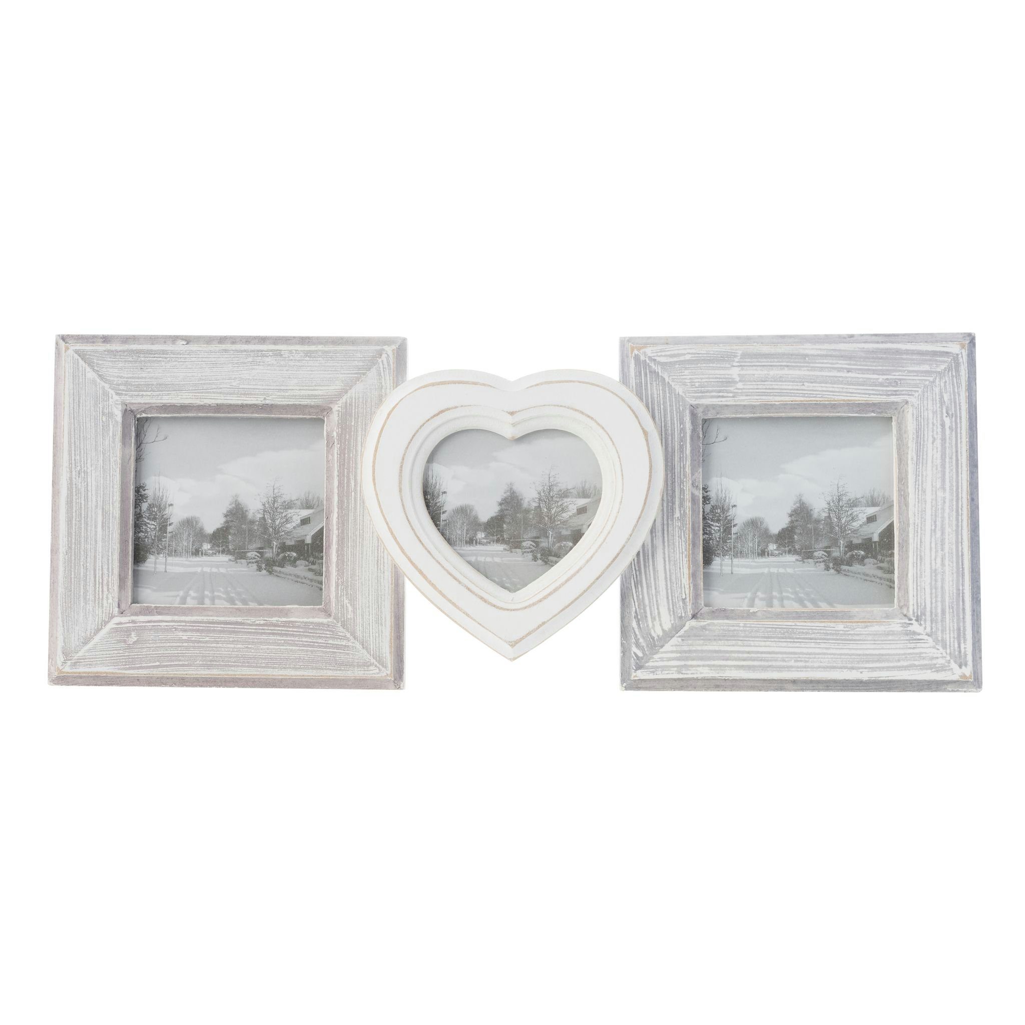 elbmöbel Bilderrahmen Bilderrahmen 3er HERZ weiß grau Holz, für 3 Bilder,  Hochzeitsrahmen: 3er Rahmen Herz 30x16x3 cm weiß/grau Vintage