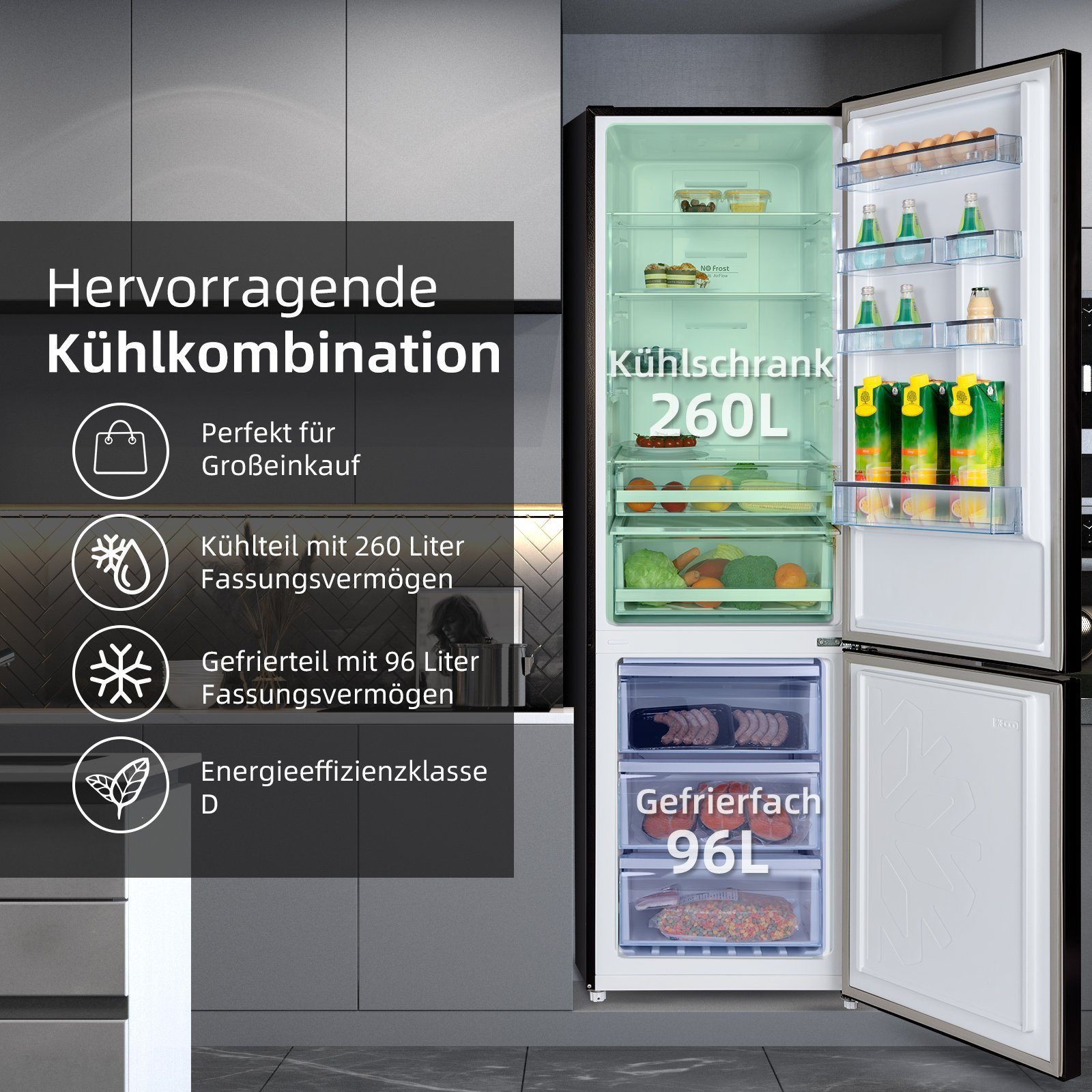 CHiQ Kühl-/Gefrierkombination FBM351NEI42, 200 cm hoch, 59.5 cm breit, 196KWh/J, Digitalanzeige, Intelligente Temperaturregelung