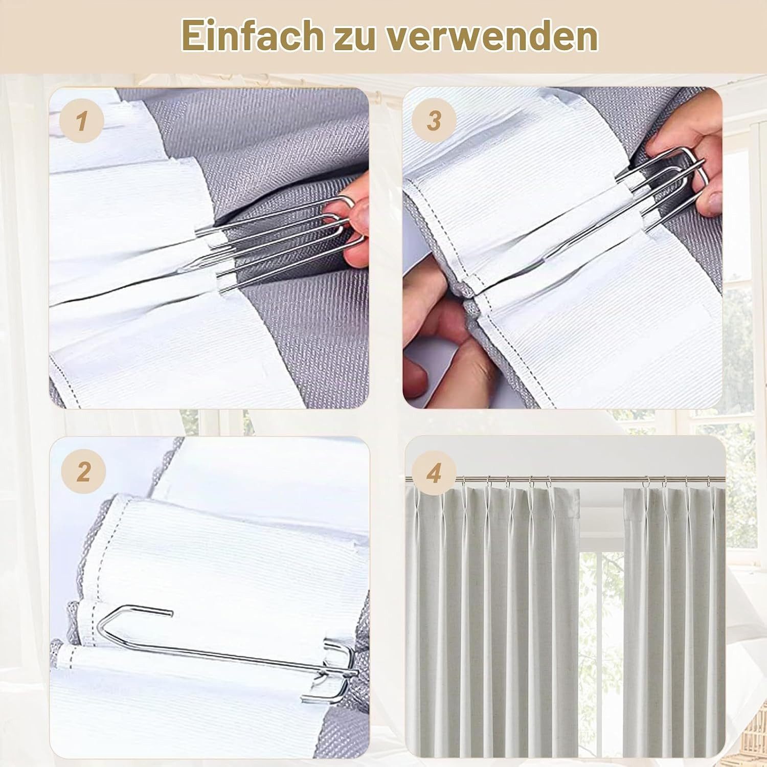 FELIXLEO Gardinenring 90 Stück Edelstahl Gardinenhaken Metall Vorhanghaken 4 Zinken, (1-St) – Bild 4 von 5