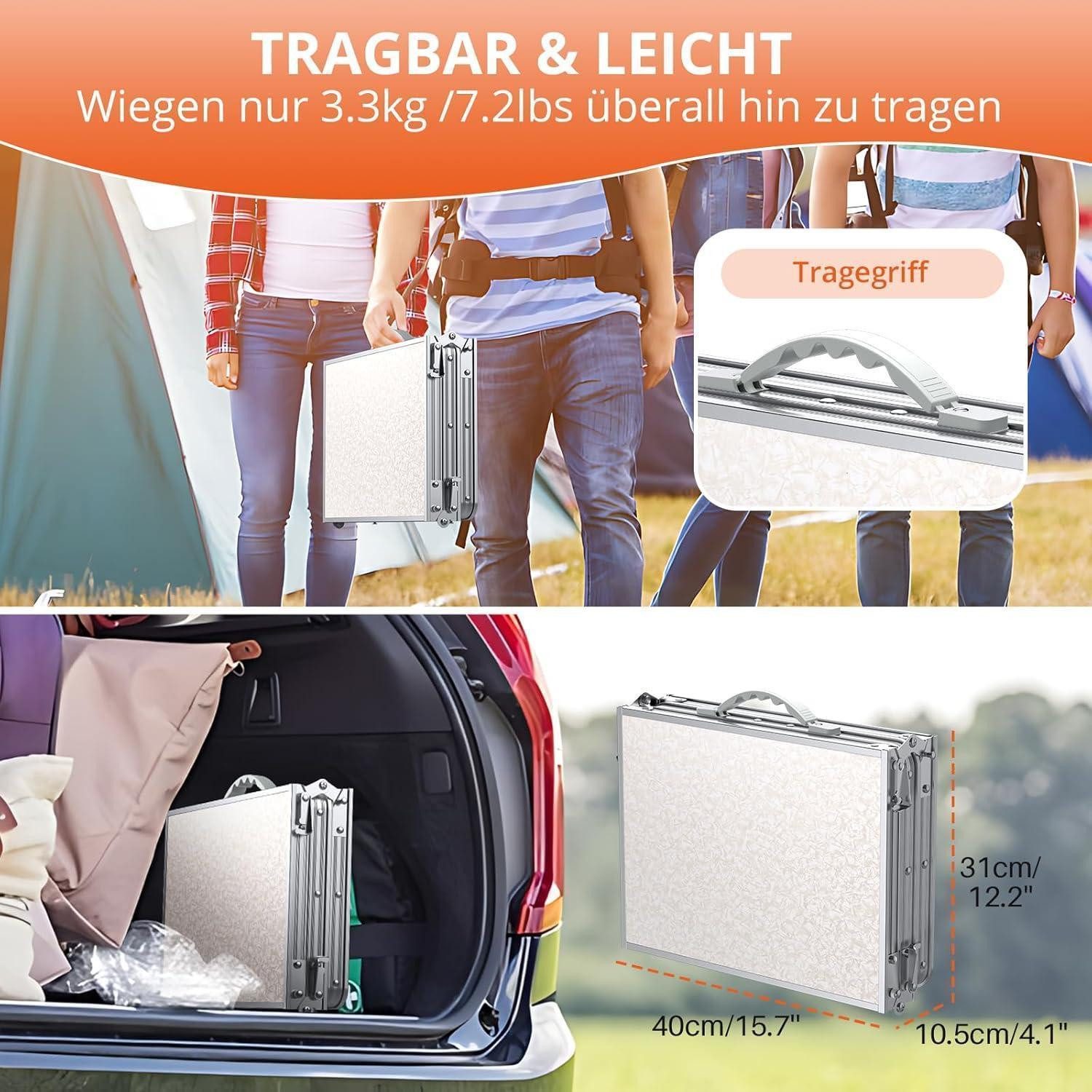 LuxusKollektion Campingtisch Campingtisch klappbar 3 Höhen Aluminium 87x40cm(3 Höhen) Silber