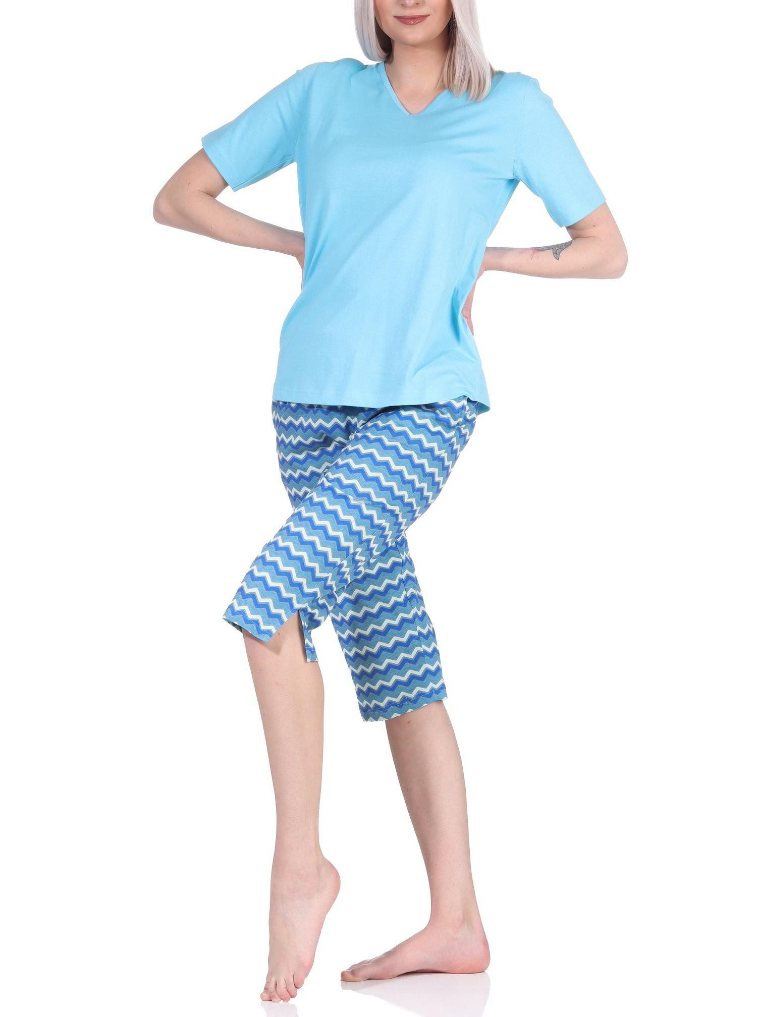 Normann Pyjama Damen Capri Pyjama mit 3/4 Capri Shorts, Schlafanzug im Ethno-Style