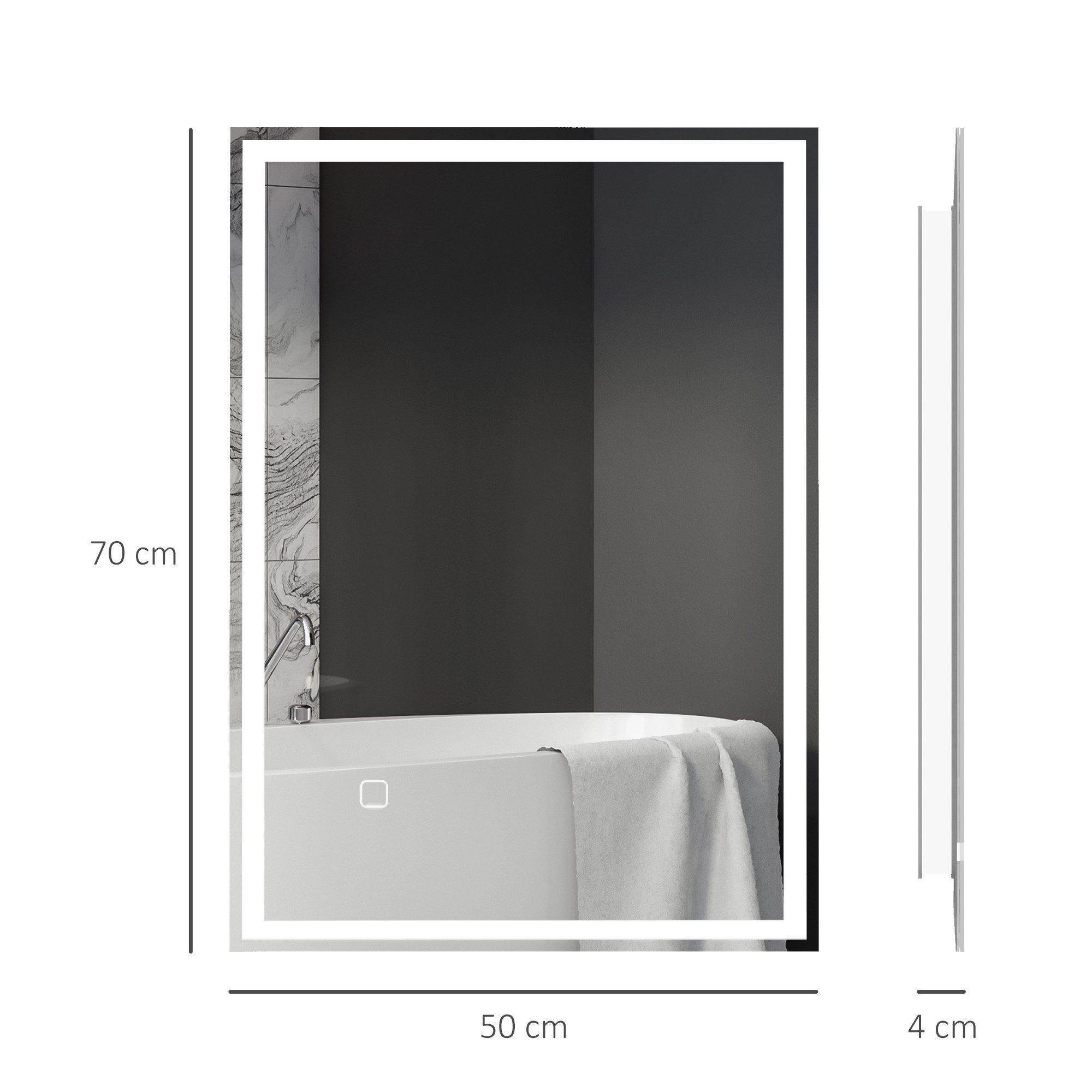 HOMCOM Badspiegel Badezimmerspiegel mit LED-Leuchte (WC Spiegel, 1-St., Wandspiegel), Silber 50 x 70 x 4 cm