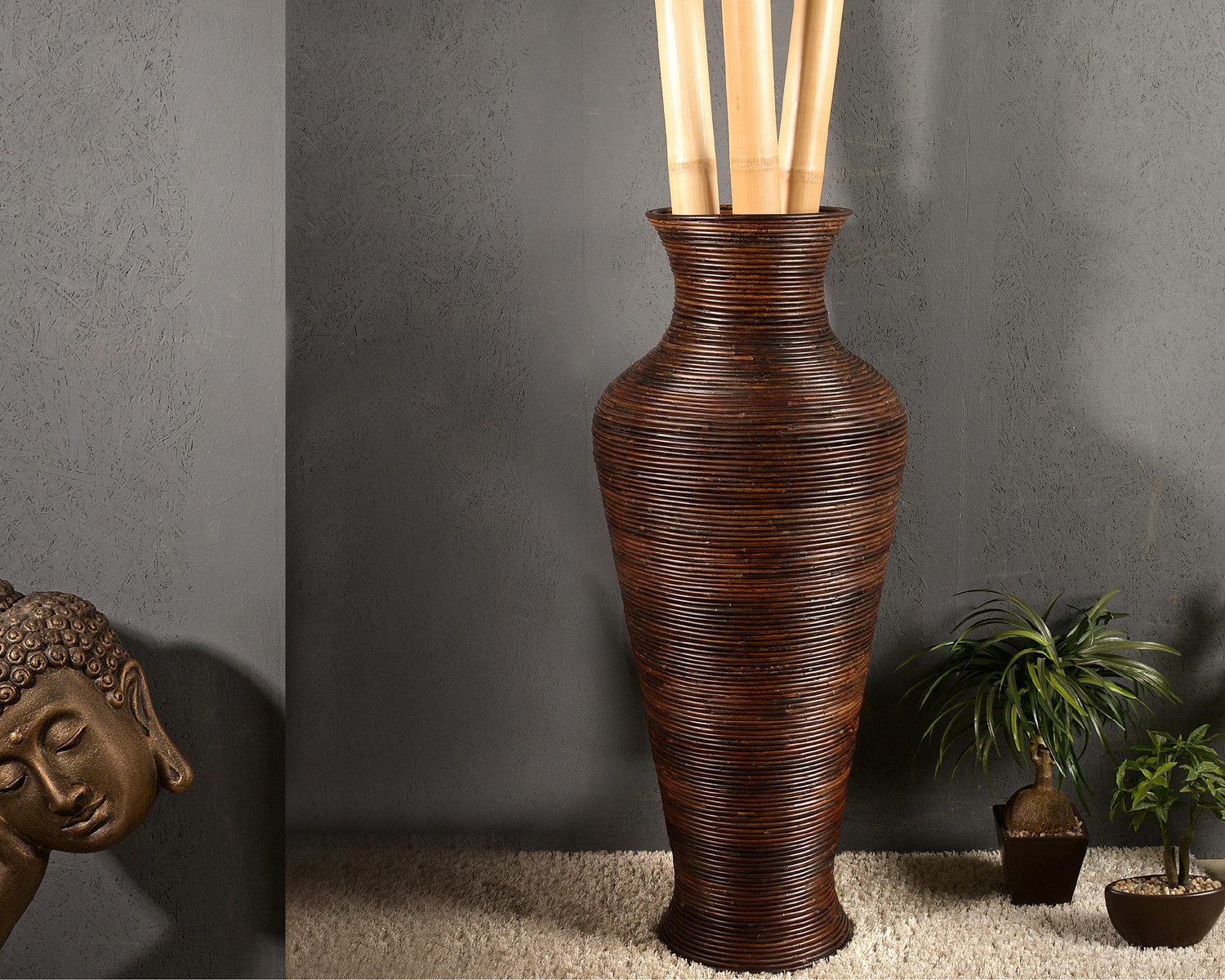 Bambus-Lounge Bodenvase Seribu Dekovase aus Rattan Höhe 125 cm Trockenblumen Pampasgras, dekorative Vase