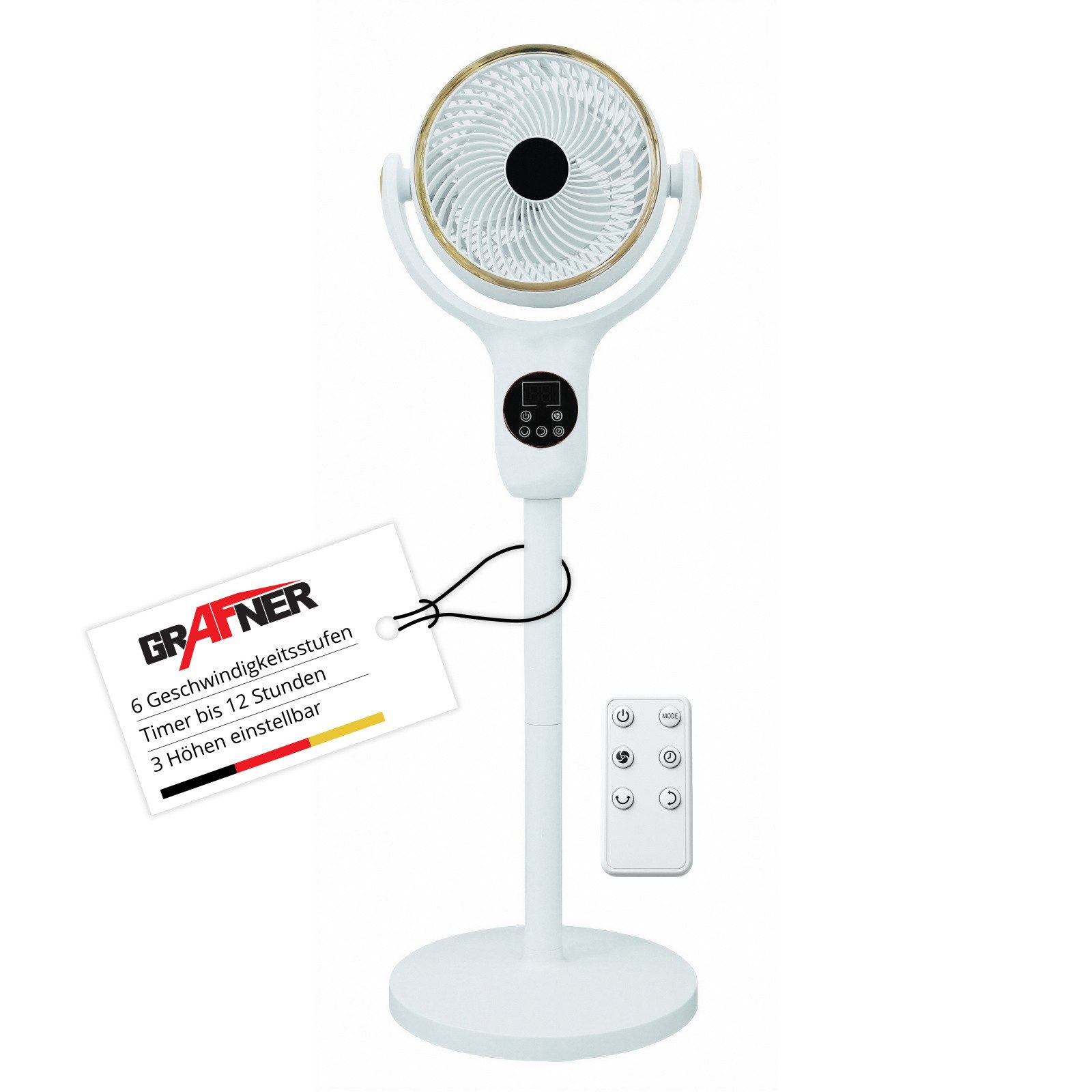 Grafner Standventilator Grafner® 3D Ventilator mit Fernbedienung & Touch-Display, 3-in-1 Tisch, Höhenverstellbar, 6 Geschwindigkeitsstufen, mit Fernbedienung