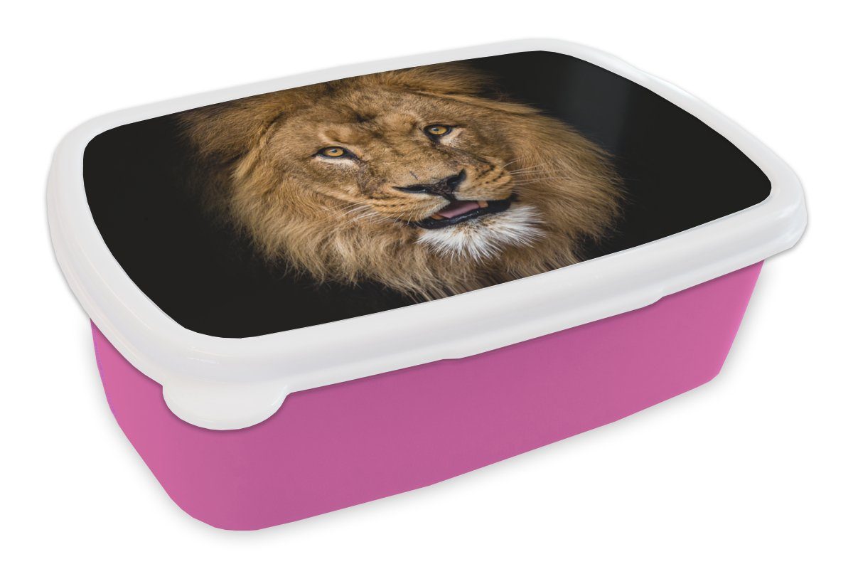 MuchoWow Lunchbox Löwe - Porträt - Schwarz - Tiere, Kunststoff, (2-tlg), Brotbox für Erwachsene, Brotdose Kinder, Snackbox, Mädchen, Kunststoff rosa