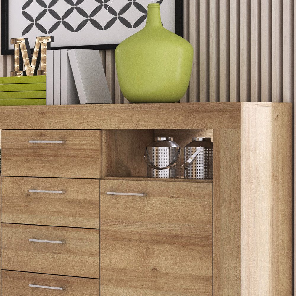 Lomadox Sideboard STEGNA-160, Eiche Nb., 155 cm breit, 2 Türen, 4 Schubladen, inkl. Beleuchtung