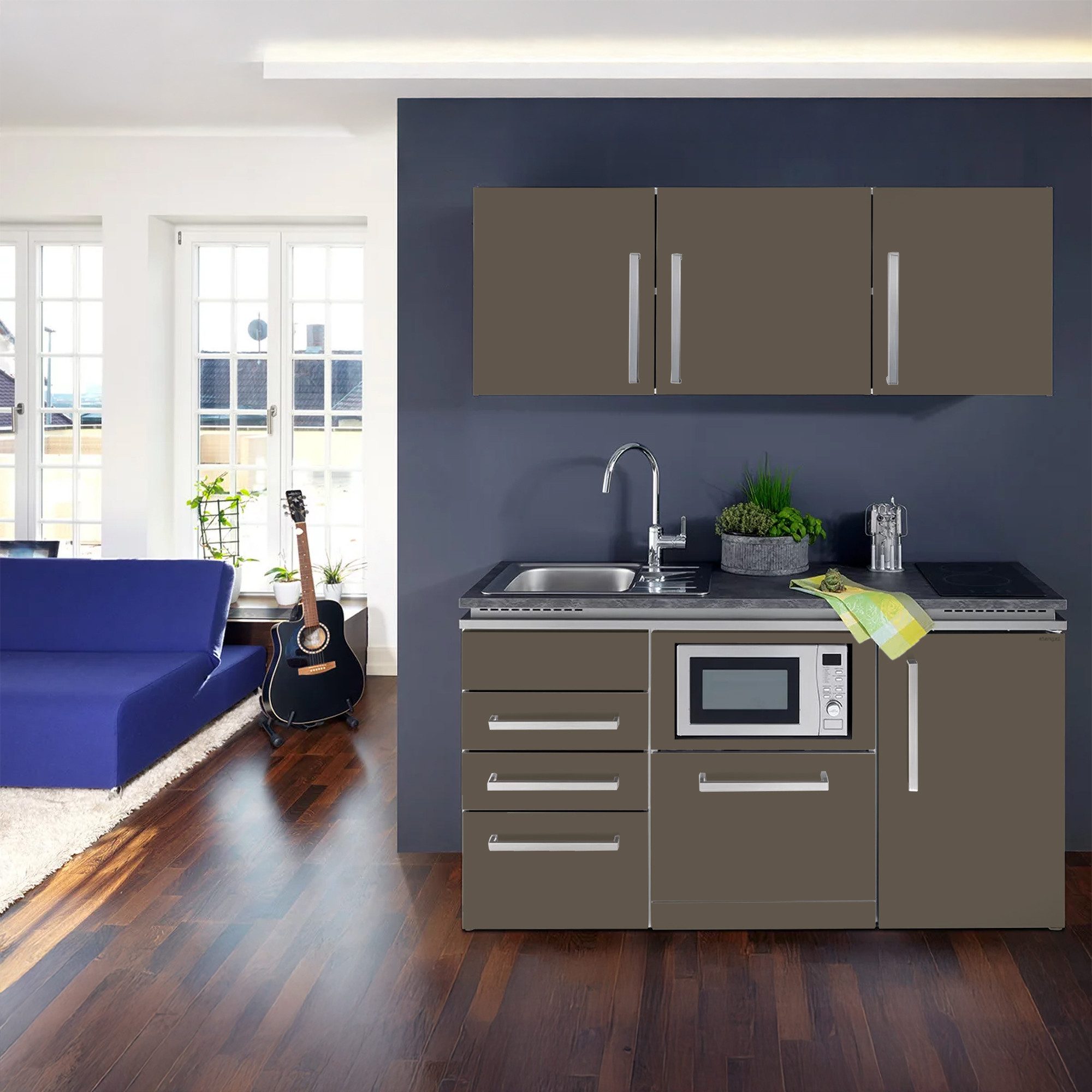 Stengel Küchenzeile 160 cm SOFIA Küchenblock aus Metall mit E-Geräten, Singleküche, Küchenblock mit Spüle, E-Geräten: Kühlschrank, Induktionskochfeld