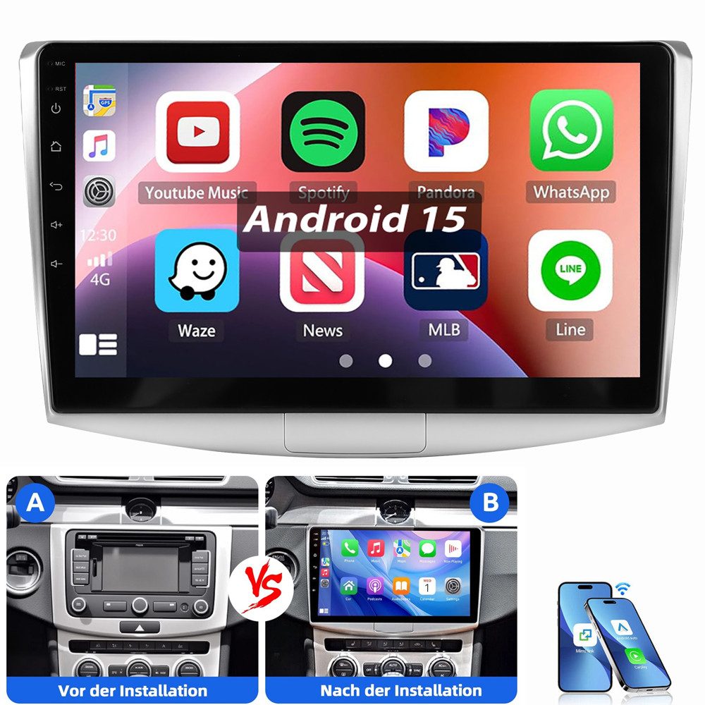 ESSGOO Für VW Passat B6 B7 CC 2010-2015 Carplay Autoradio Android 15 Autoradio (FM, RDS, GPS Navi WIFI Mirror Link SWC RDS)