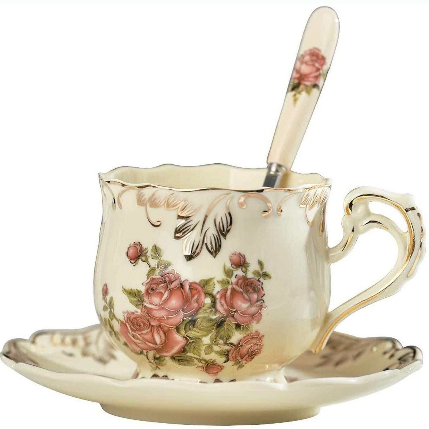 LuxusKollektion Teeservice Vintage Teetassen-Set rosa vergoldet (1-tlg), Keramik
