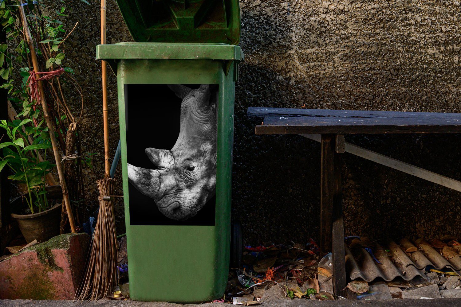 MuchoWow Wandsticker - Rhinozeros Container, Sticker, Licht Tier Mülltonne, Mülleimer-aufkleber, - (1 Abfalbehälter St)