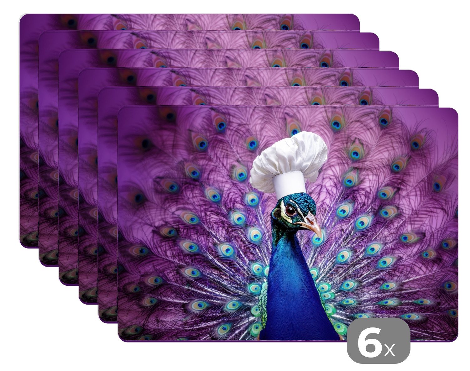 MuchoWow Platzset Pfau - Kochmütze - Cool - Lila, (6-St), Platzsets, Tischset, Abwaschbar, Tischsets, Platzdeckchen