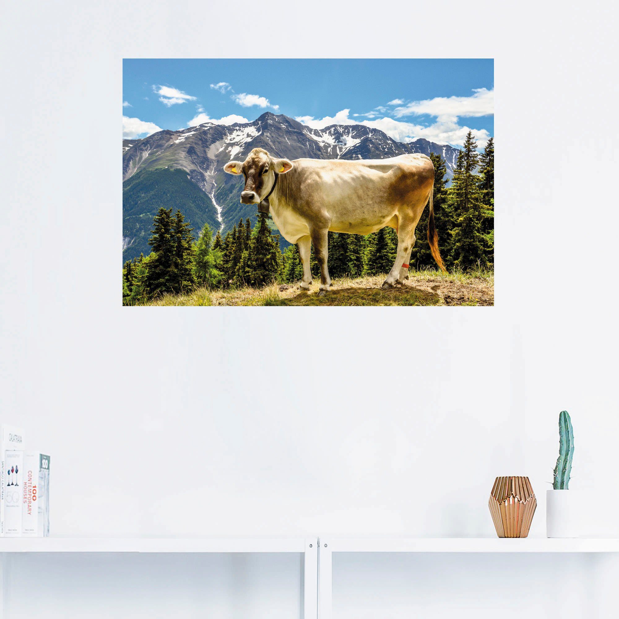 Sommer, Artland Alpen Größen Wandaufkleber den als Wandbild Poster in im St), Alubild, Haustiere versch. Leinwandbild, (1 oder Bergkuh in