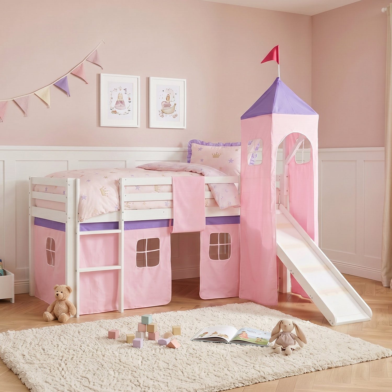 Homestyle4u Hochbett Kinder mit Rutsche mit / ohne Matratze 90x200 Rosa Mädchen (Komplett-Set mit Lattenrost, mit Rutsche, mit Turm, Matratze mit OEKO-TEX® Standard 100) Kiefer, Jungen Mädchen, Spielbett