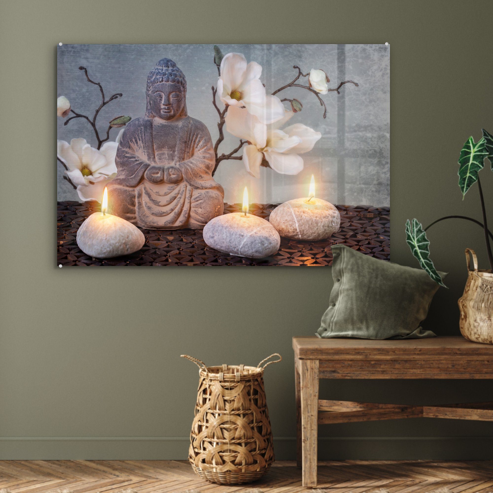 MuchoWow Acrylglasbild Buddha - Kerzen Grau, Wohnzimmer Acrylglasbilder Schlafzimmer (1 & St), 