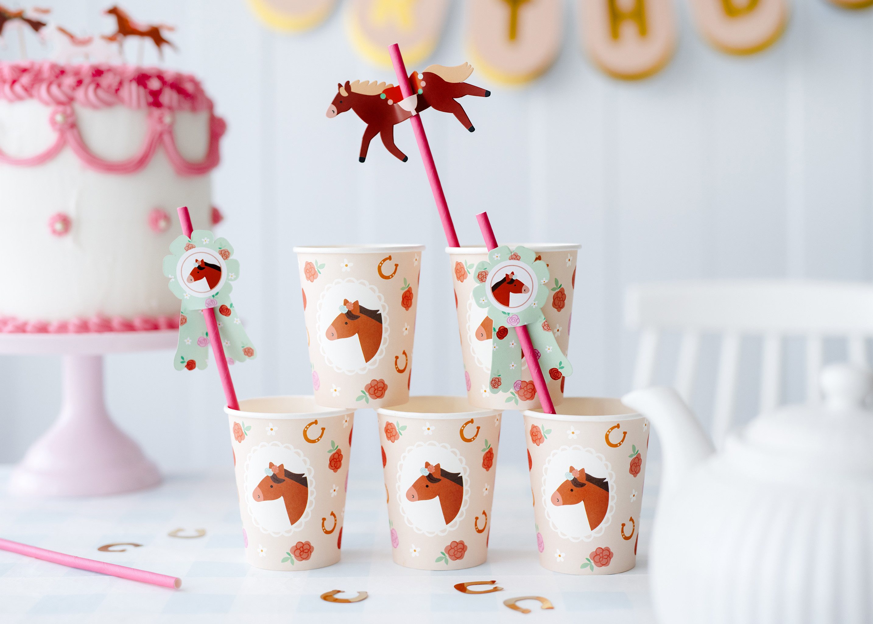 partydeco Trinkhalme, Papierstrohhalme 19cm mit Pferde Topper 6er Set Pink / Braun / Grün