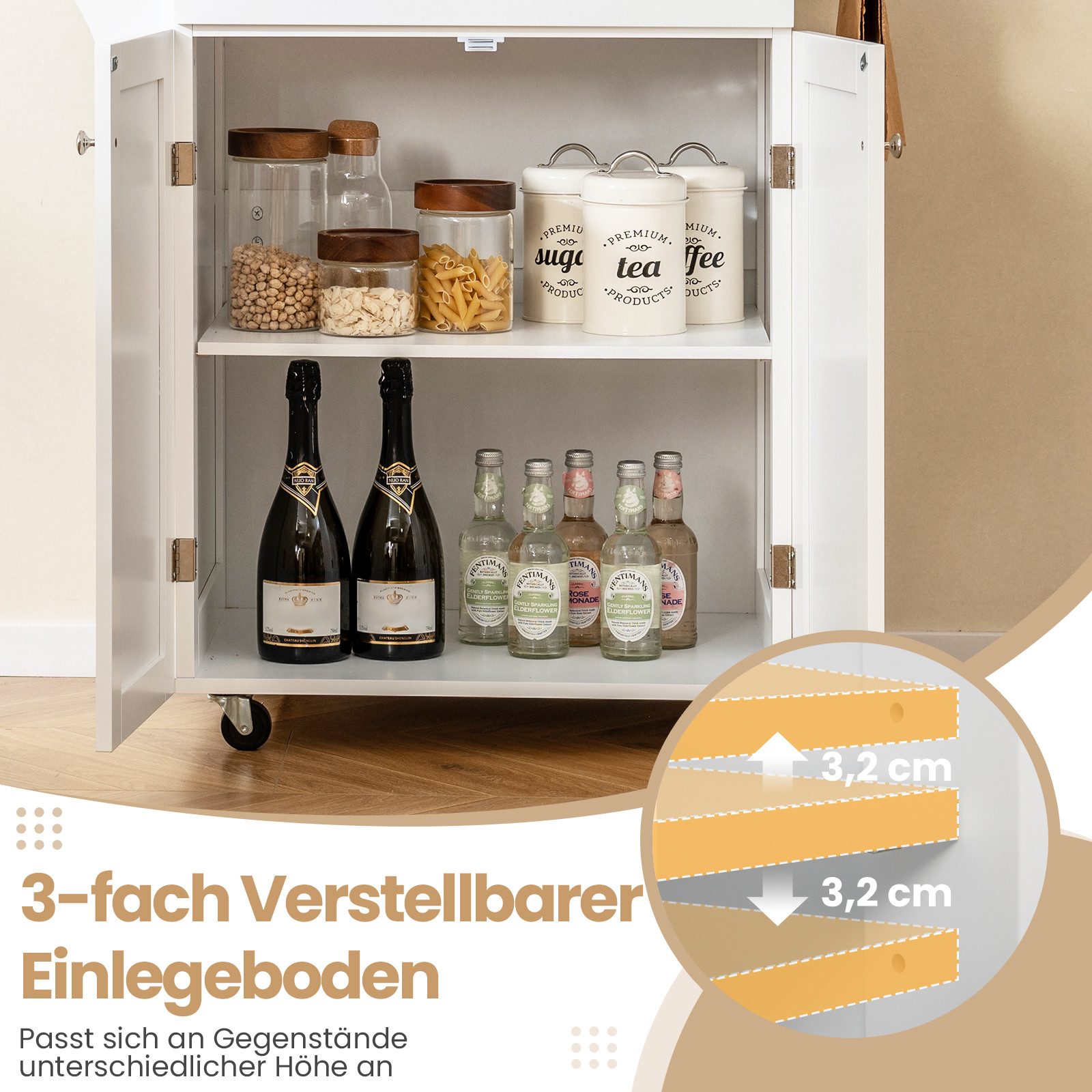 COSTWAY Küchenwagen, Kücheninsel auf Rädern mit Arbeitsplatte & Stauraum