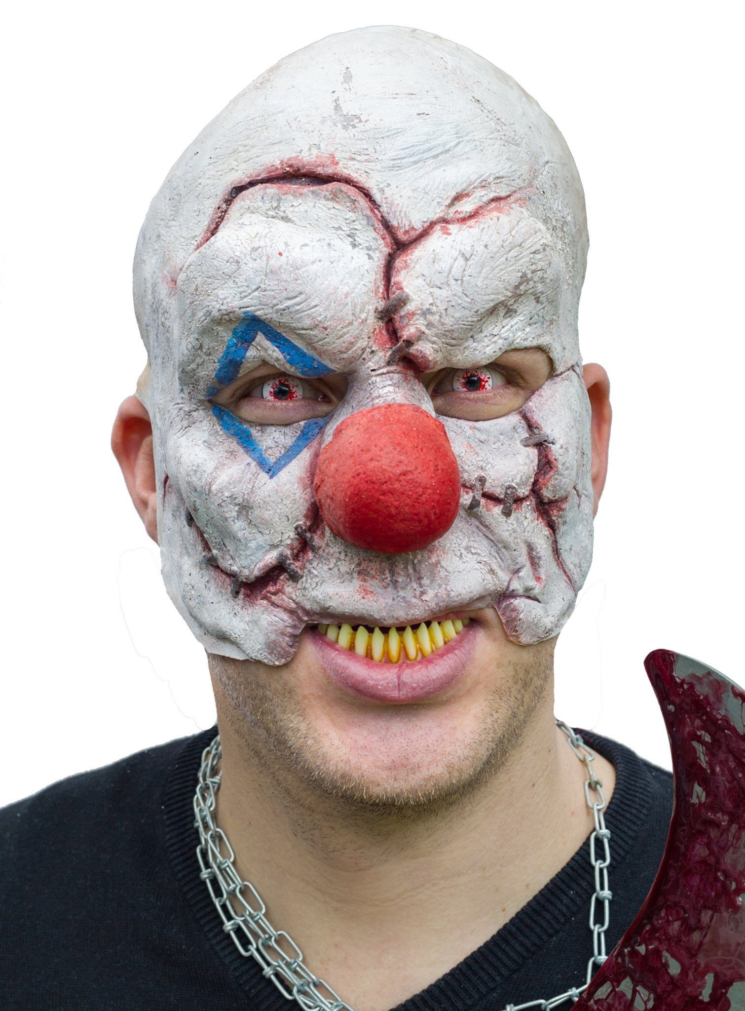 Wizardo Verkleidungsmaske Vernarbter Horrorclown kinnlose Maske, Grausame Horrorclownmaske aus Latex für Halloween und Gruselevents