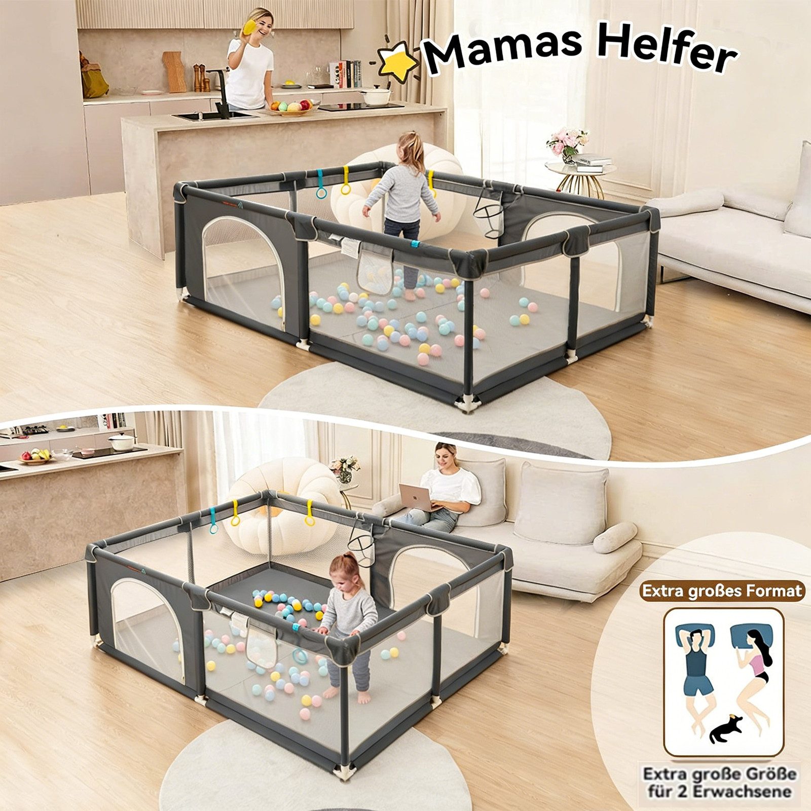Comomy Laufgitter Kinder Absperrgitter Spielgitter Krabbelgitter (1-tlg), mit Bunten Kugeln 180x150cm
