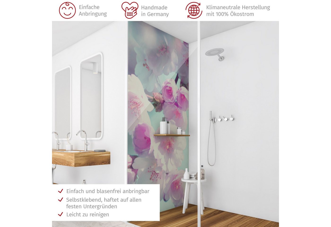 Thumbnail - Bilderdepot24 Badrückwand Blumen rosa Duschrückwand ohne Bohren Dusche Fliesenersatz, (1-tlg., Hart-Folie Smart matt 0,3...