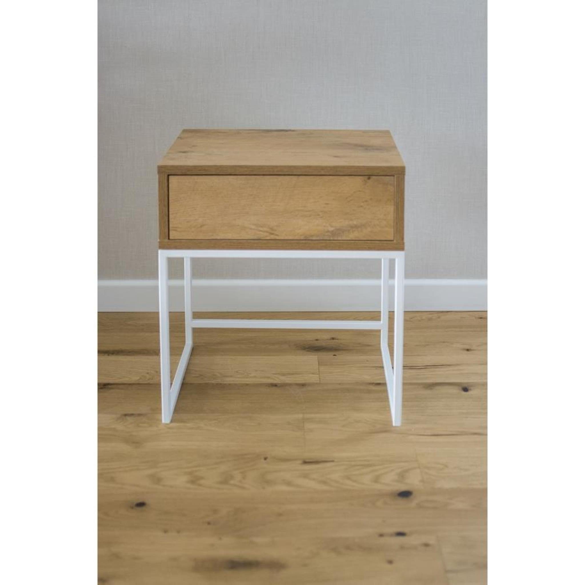 Beautysofa Nachttisch Kerry (Metallgestell, Holztischplatte), modernes Tisch mit Schublade 45x50x35 cm (BxHxT) Eiche Wotan | Weiß
