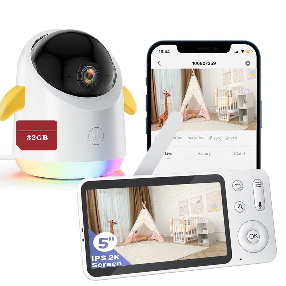 Babyphone 2K/5,0 Zoll WLAN Babyphone mit Kamera und App IR/RBG Nachtsicht