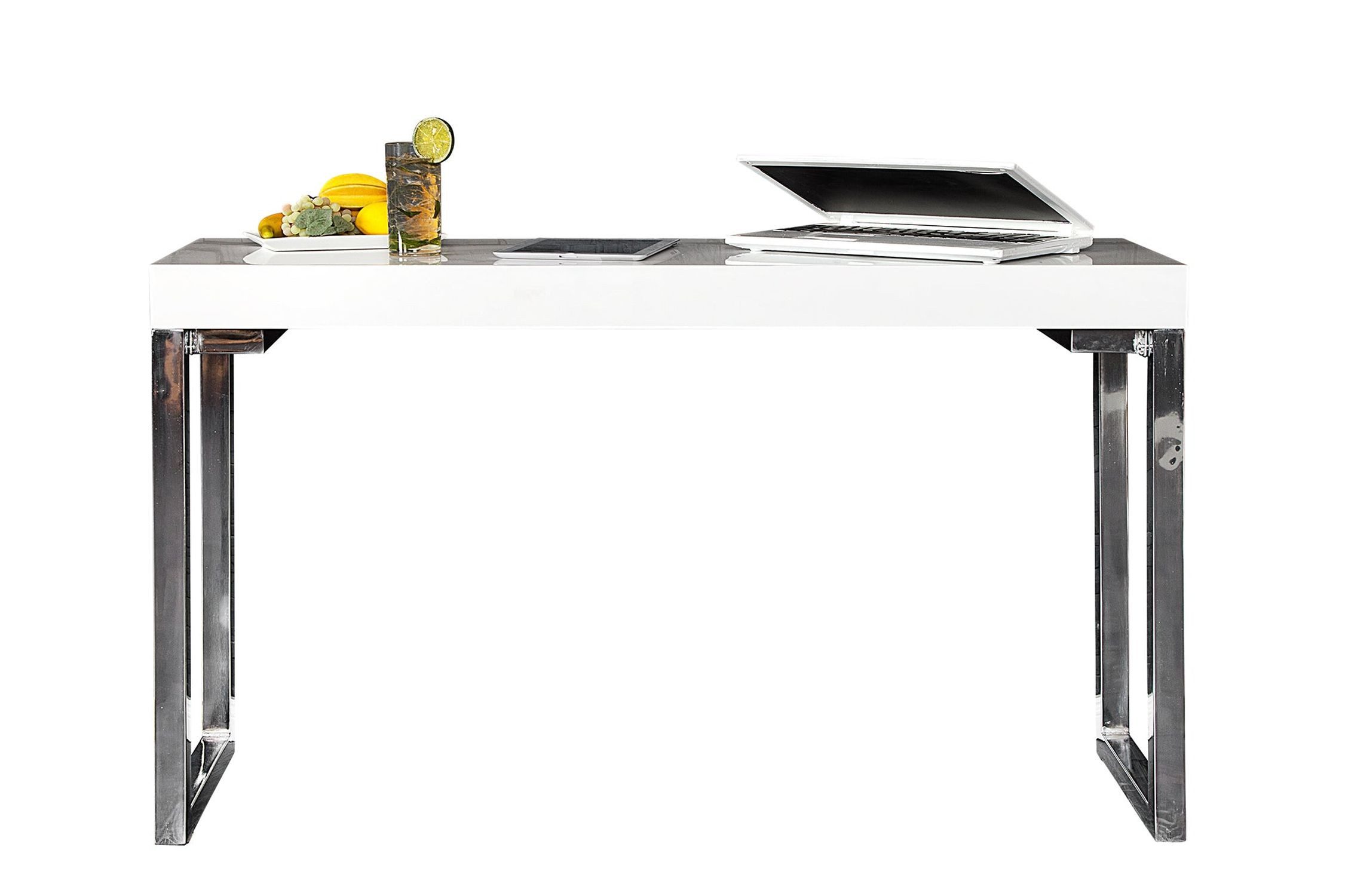Licht-Erlebnisse Schreibtisch HOBART, aus Metall MDF in Weiß Hochglanz Chrom 120 x 75 x 40 cm (BxHxT)