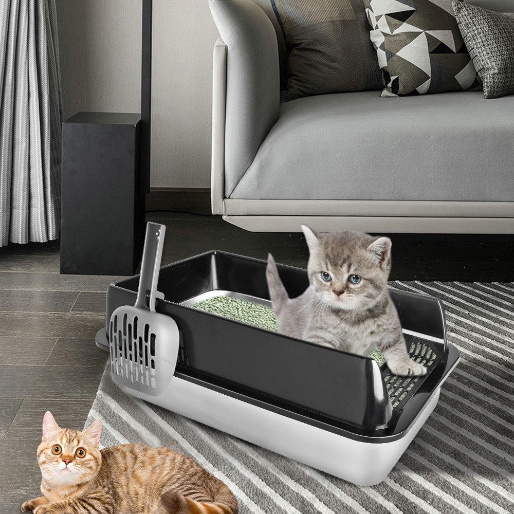 JEOBEST Katzentoilette Katzenklo Edelstahl XL, Offene Katzenklo, Nicht klebrig, mit Pedals und Schaufel, Geruchsfrei und langlebig