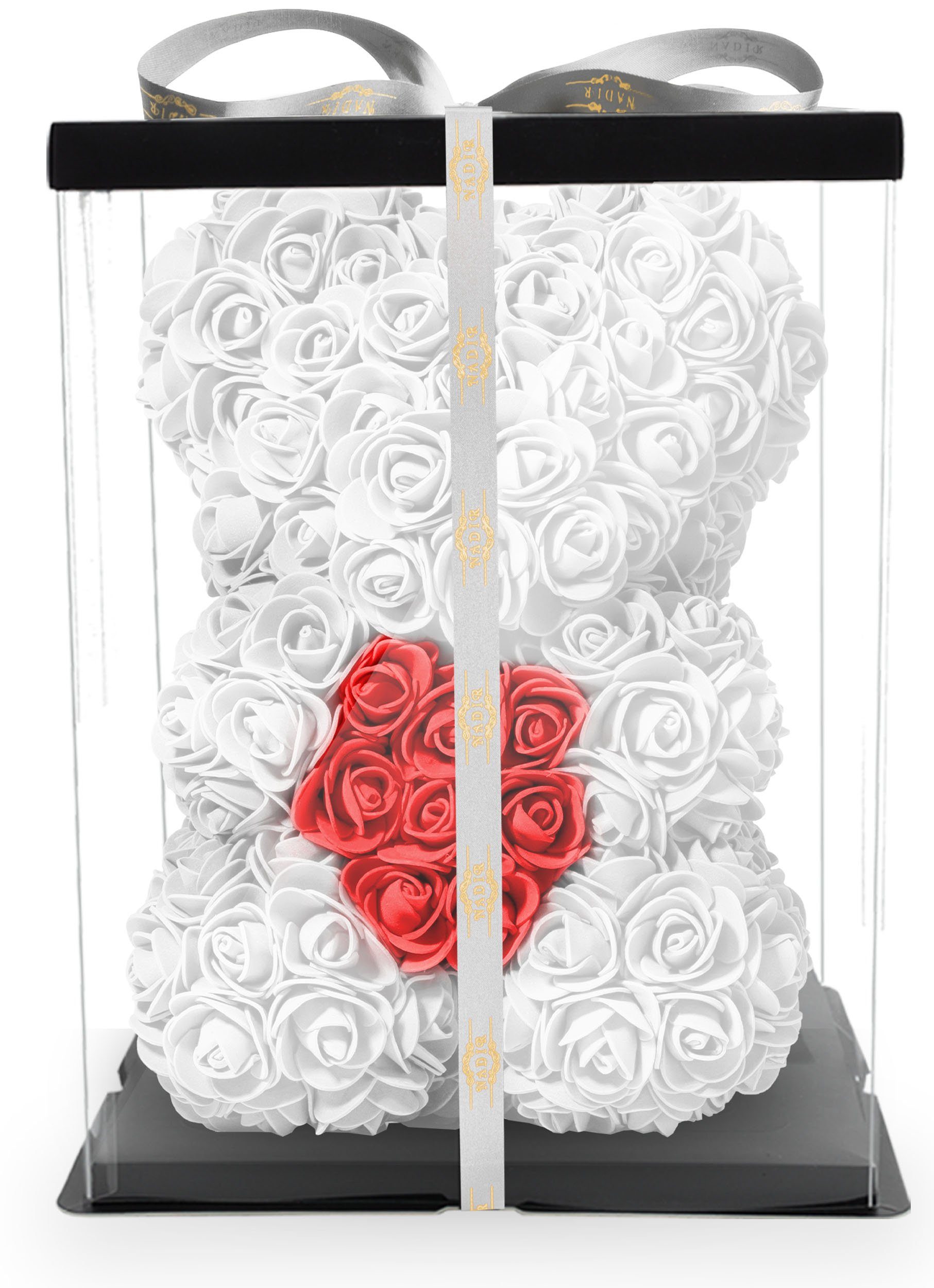 Kunstblume Rosenbär mit Geschenkbox versch. Farben mit Herz - Geschenk für Freundin Jahrestag Geburtstag Hochzeit Geburtstagsgeschenk Freundin 25 cm Ewige Rosen, NADIR